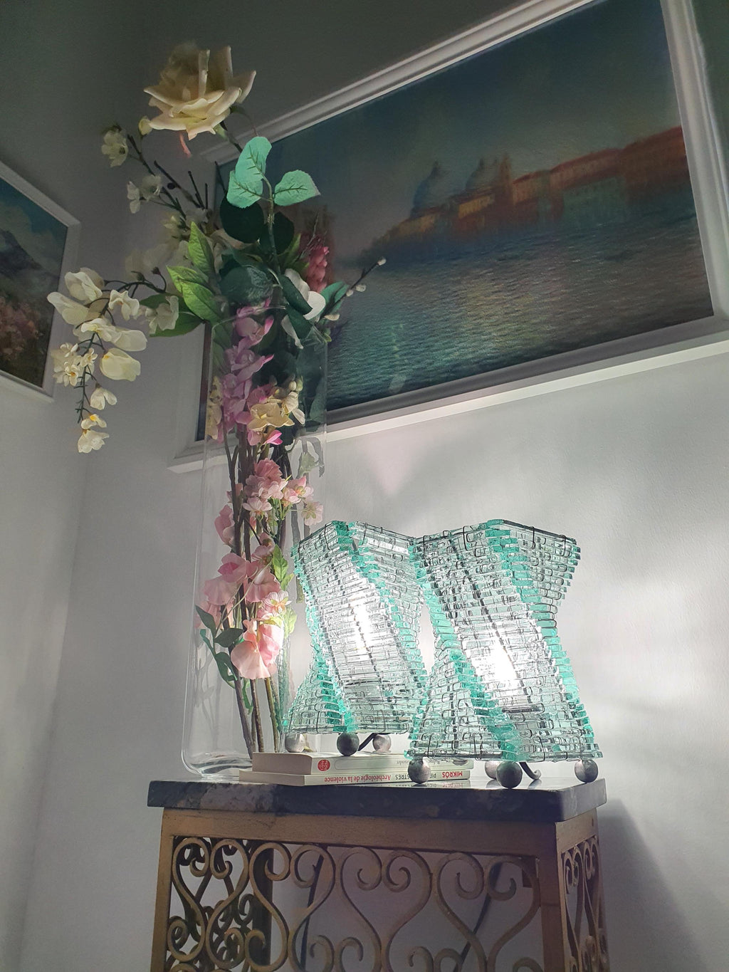 Handcrafted bedside lamp made from recycled glass segments
