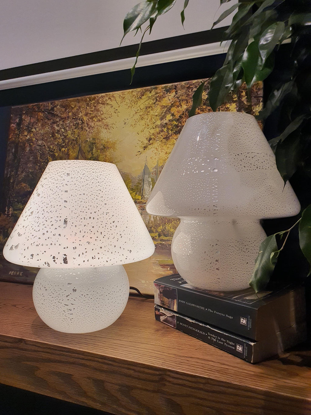 Lampes Champignon en Verre de Murano Vintage – Blanc & Argent, Paire de Chevet Scandinave