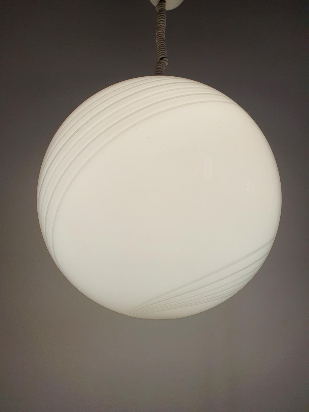 Murano Glass Globe Pendant Light: White Gray Swirl, Retro Scandinavian Decor