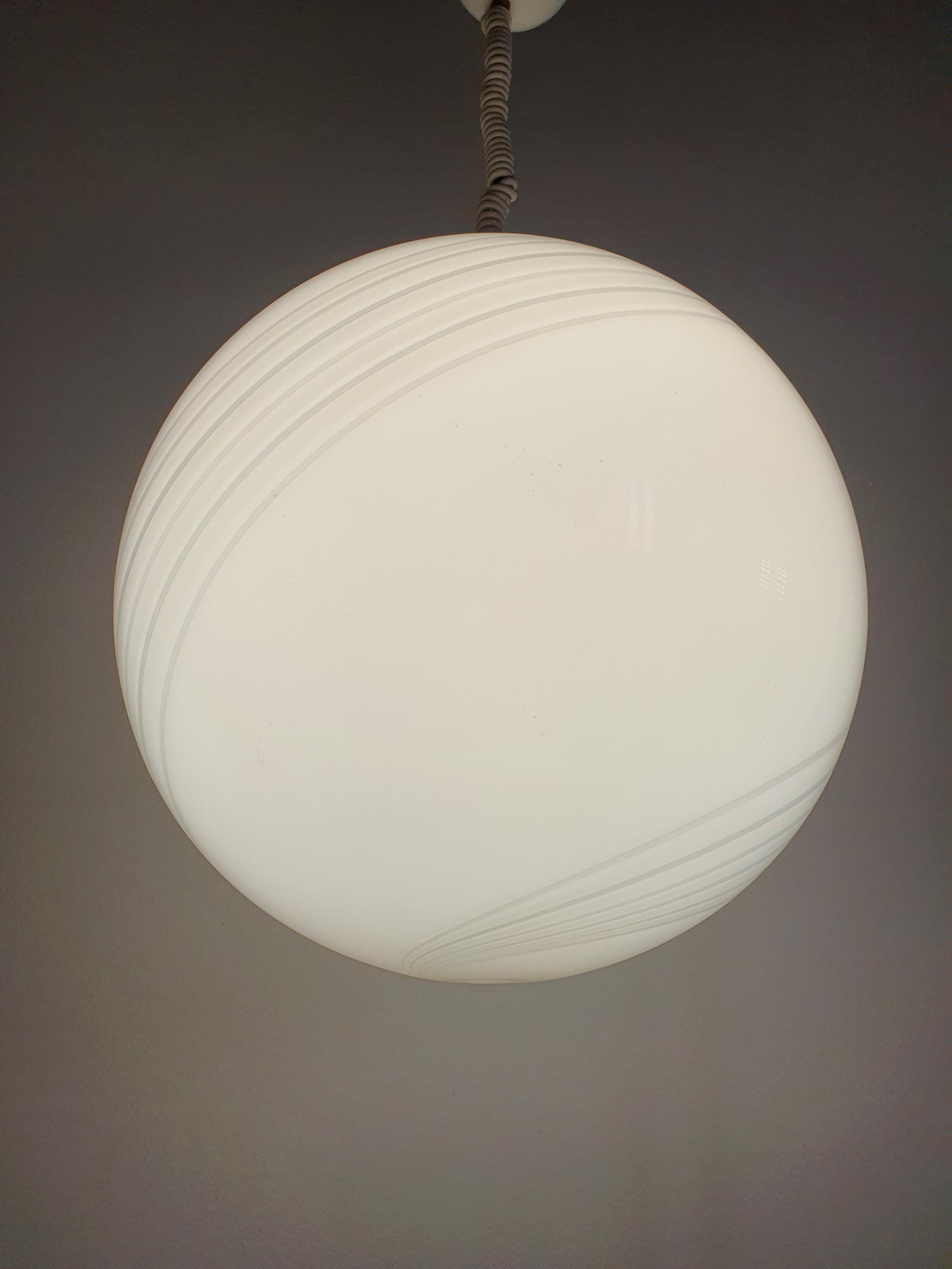 Murano Glass Globe Pendant Light: White Gray Swirl, Retro Scandinavian Decor
