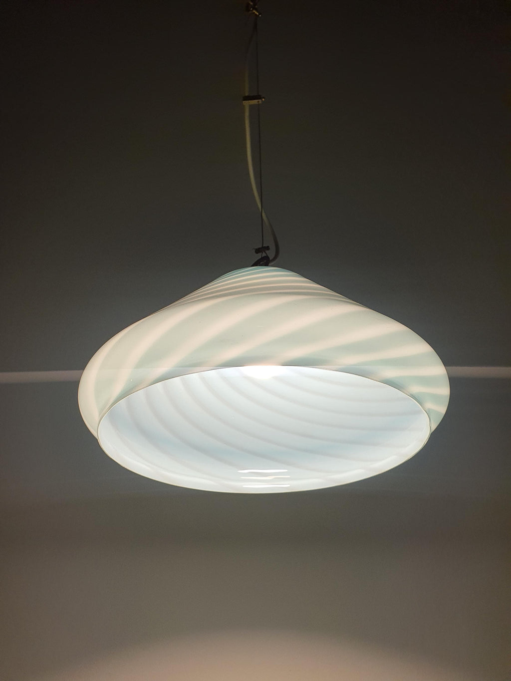 Labelled Murano Glass Light Blue Bell Pendant Light | Candy Swirl Italian Vintage Lamp