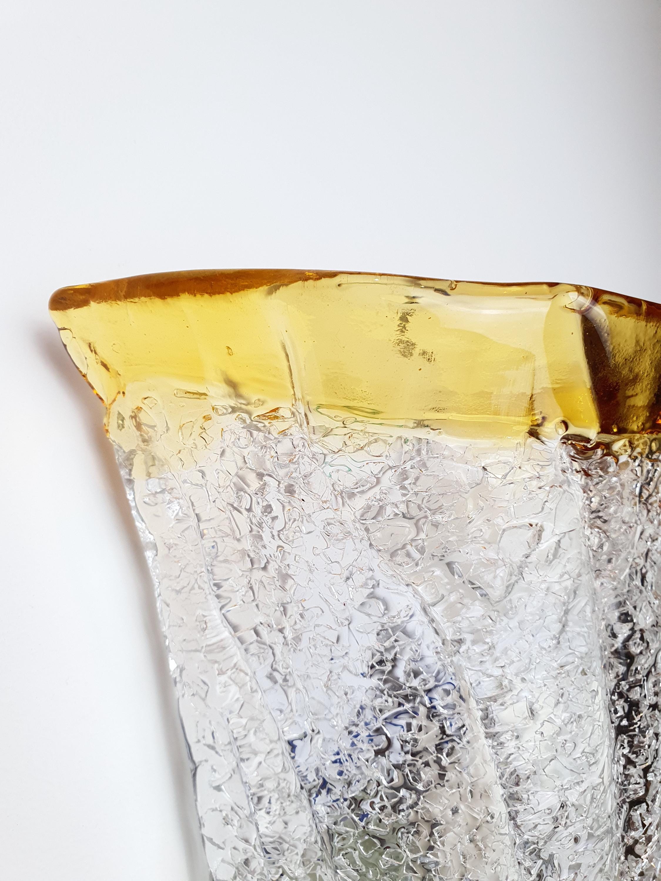 Vintage Murano Glass Floral Wall Sconce: Frosted Clear & Yellow, Italian Lighting