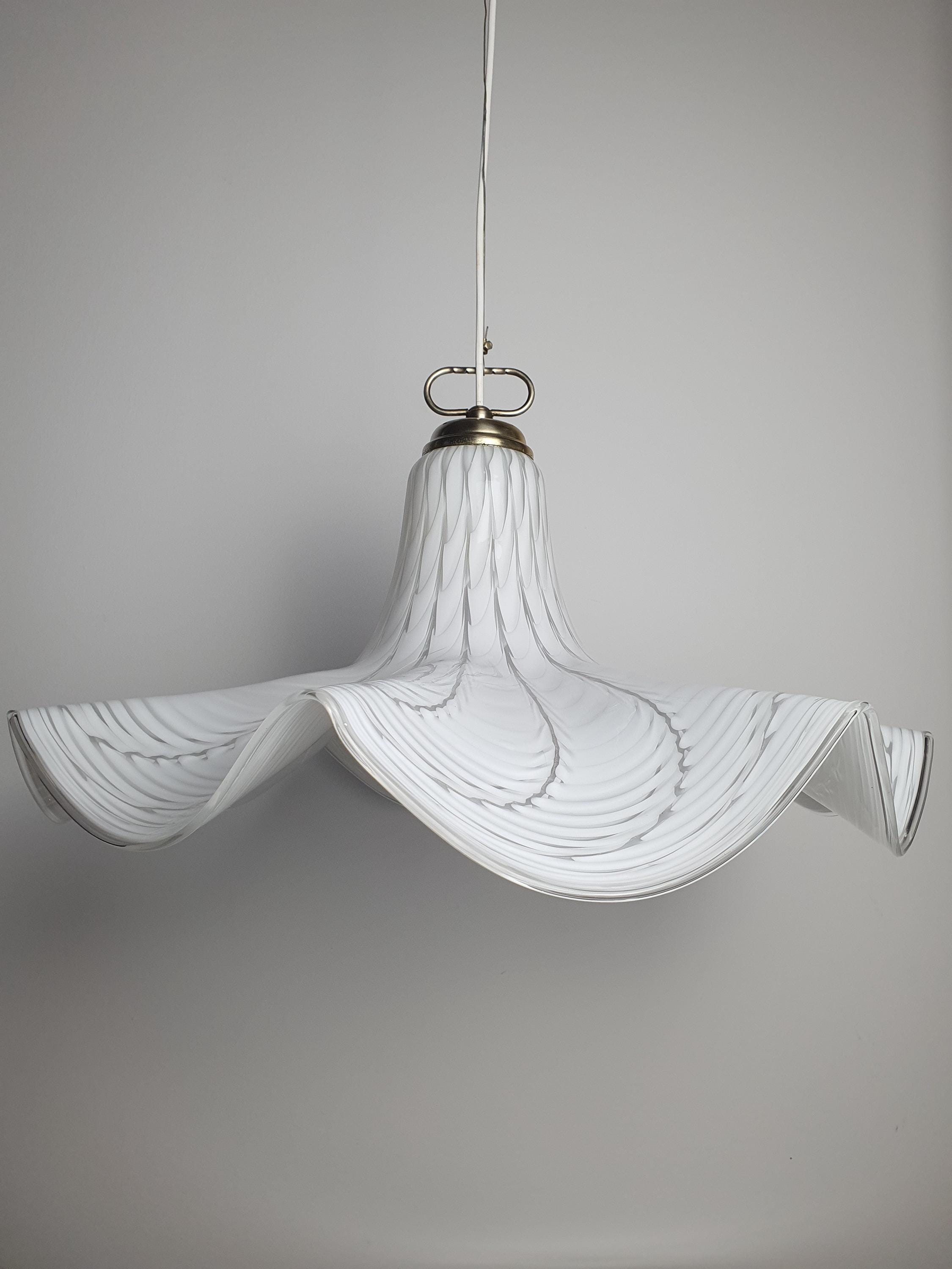 Gold-toned metal fitting detail, professionally rewired vintage Murano glass Fazzoletto pendant