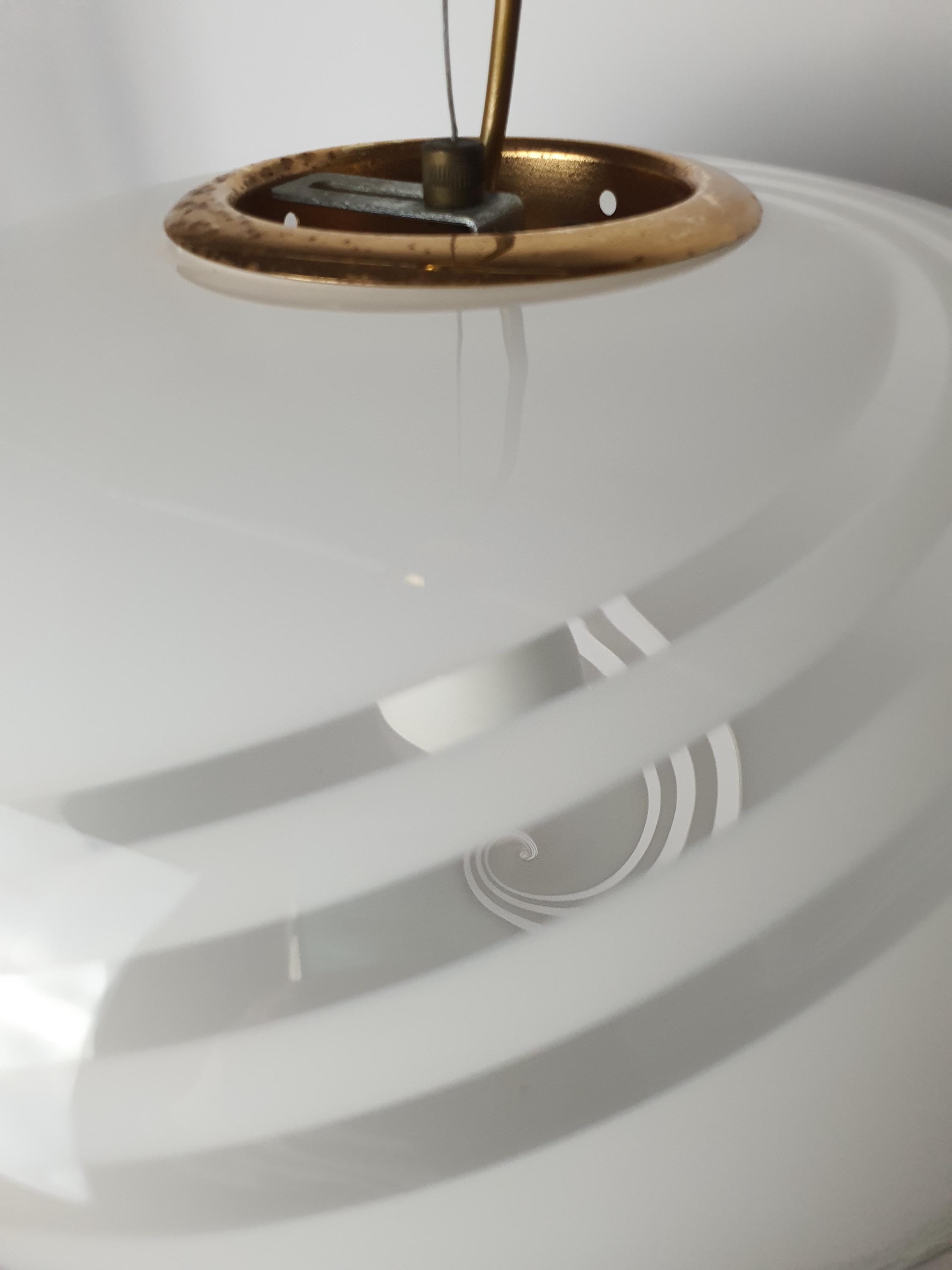 Murano Glass Pendant Light: White Swirl Globe, Italian MCM Lighting
