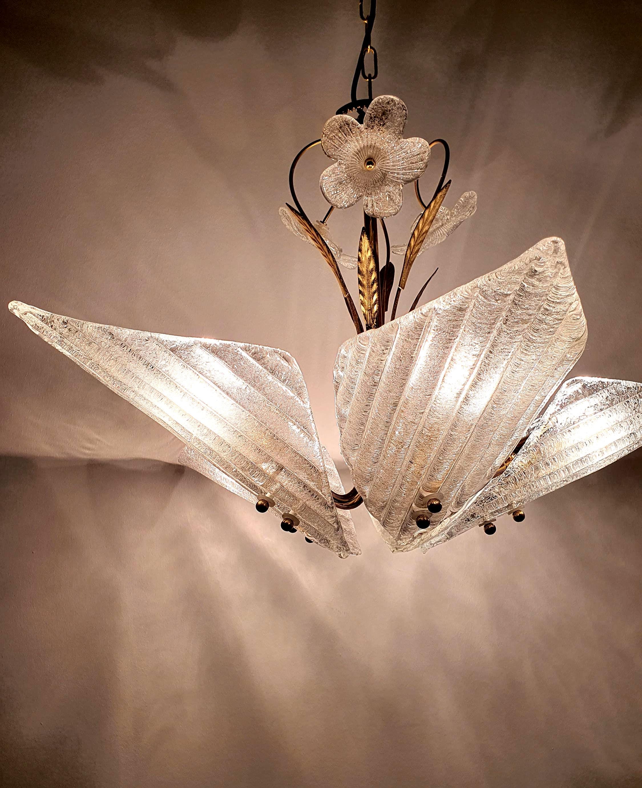 Vintage Murano frosted glass 5-arm chandelier with diamond-shaped shades, Hollywood Regency mid-century Italian lighting