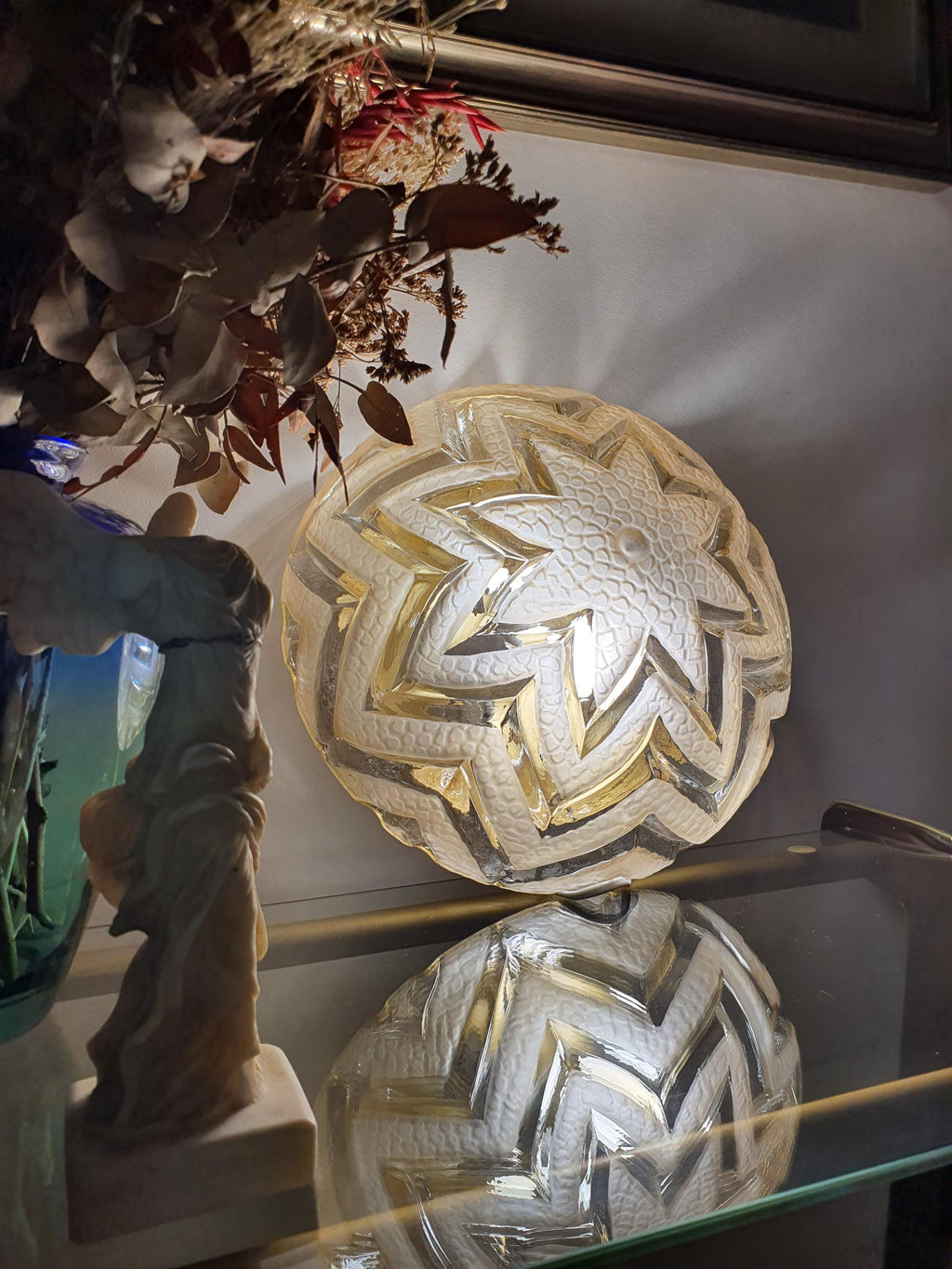 Art Deco Ceiling Light in Stamped Clear Glass | Matte Star Pattern, Bronze Base