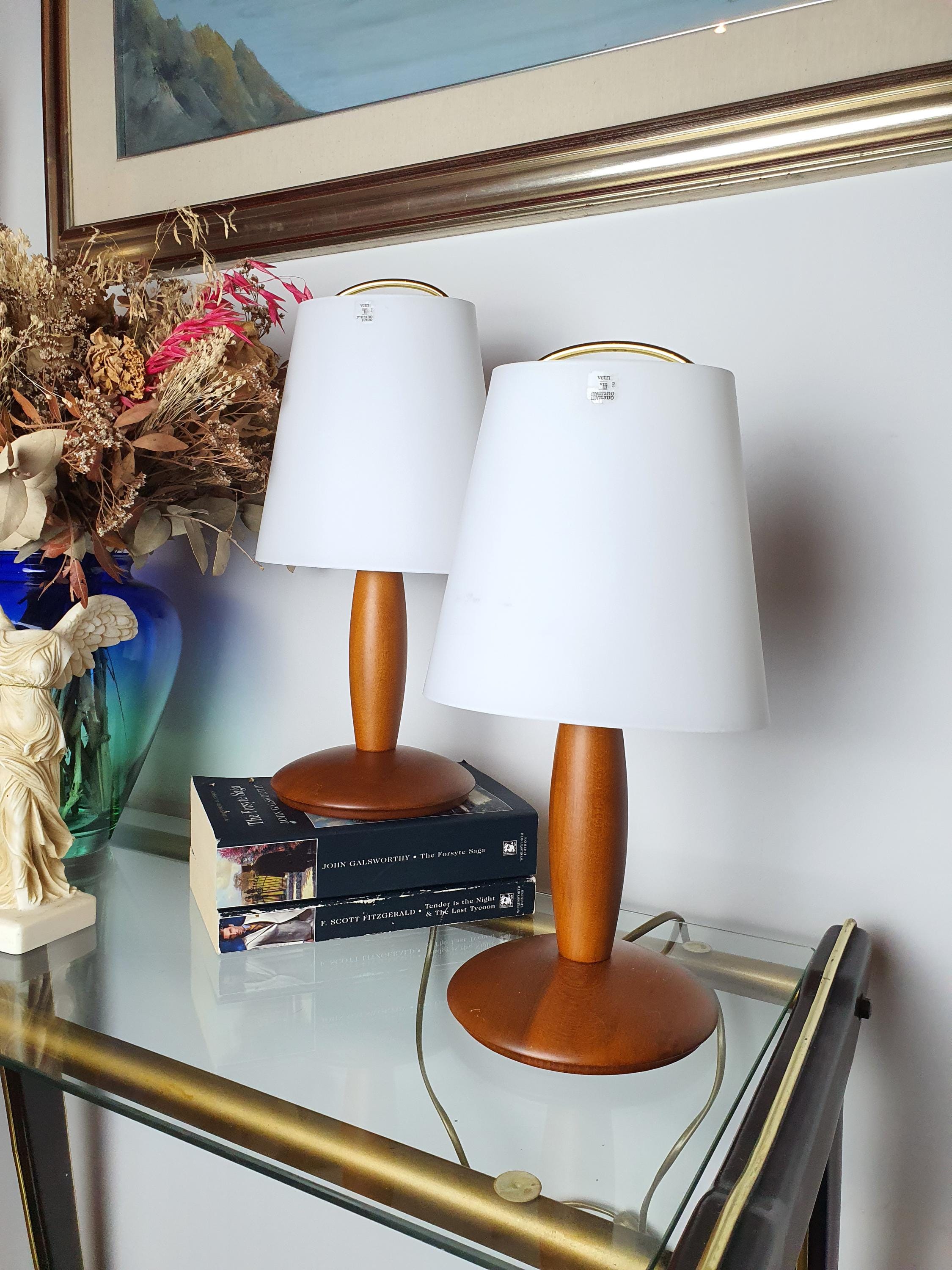 Due P. Vintage Murano Glass Desk Lamps | Pair of Italian Midcentury Wooden-Base Lights