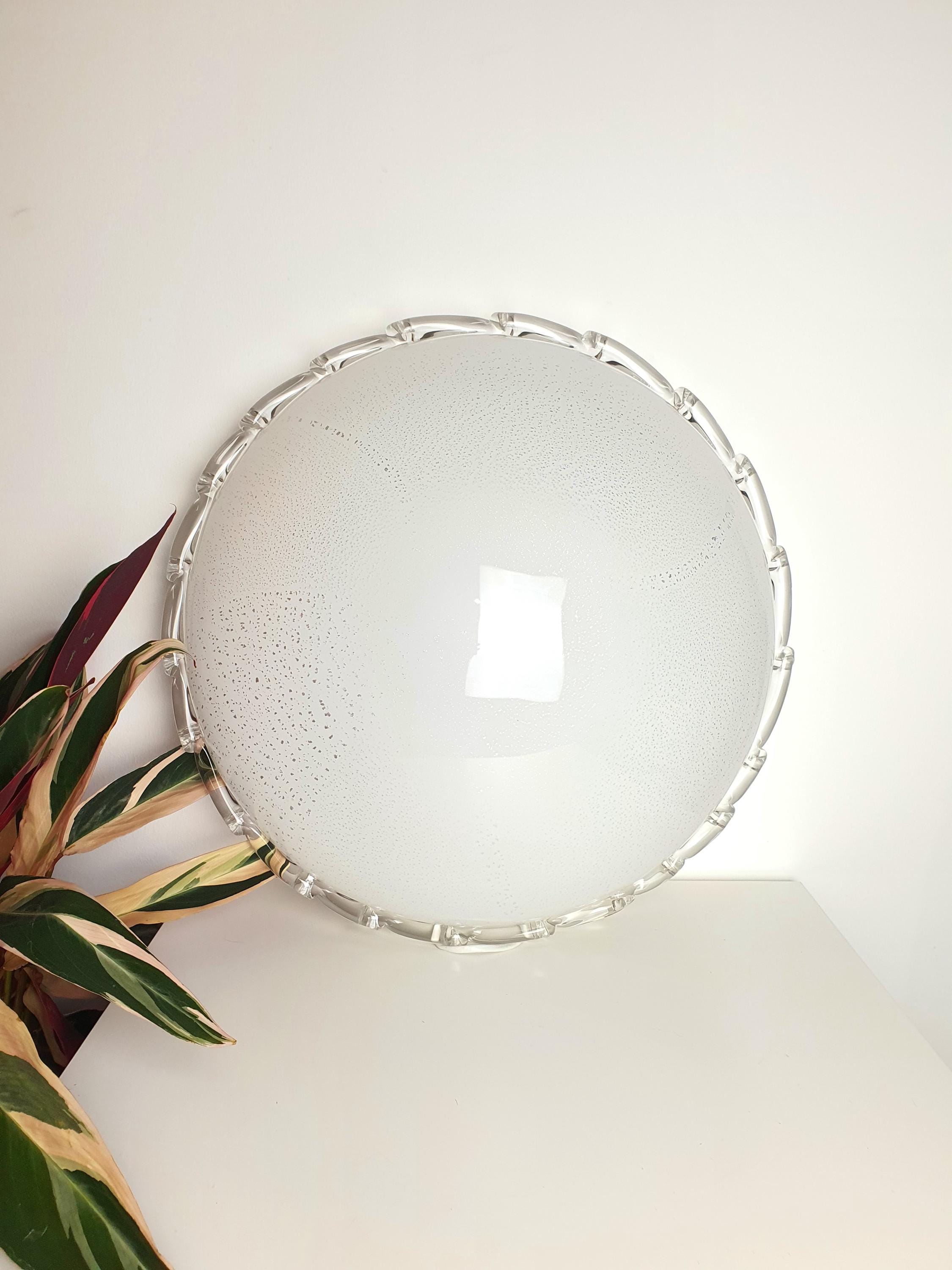 XL Murano Glass Flush Mount Lamp: White & Silver MCM Italian Light
