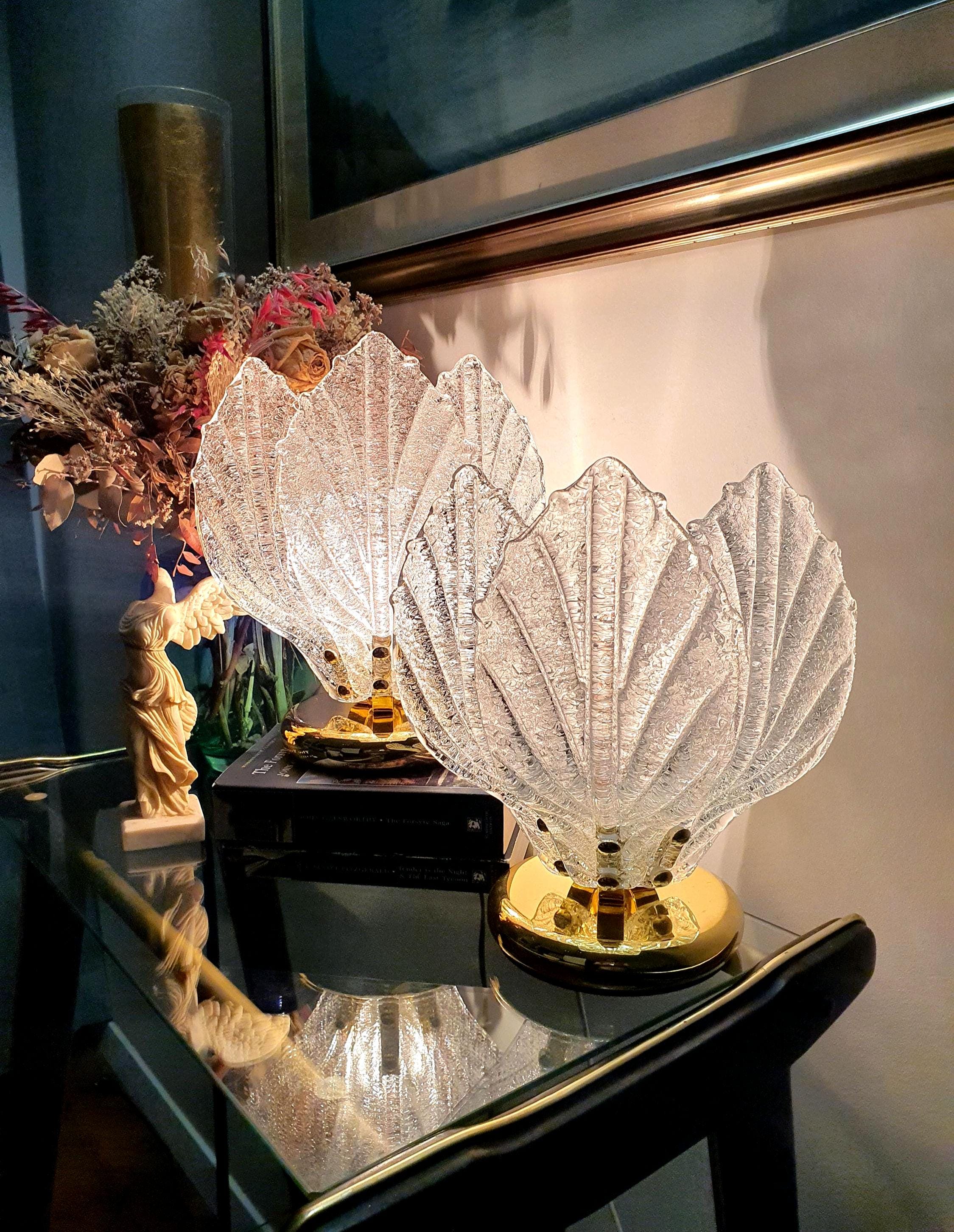 Murano Glass Petal Table Lamps: Midcentury Hollywood Regency Lighting