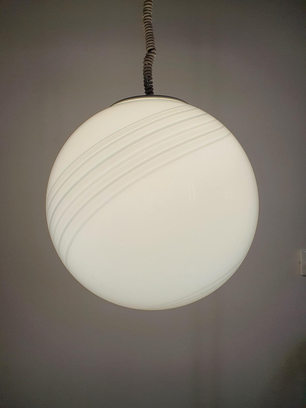 Murano Glass Globe Pendant Light: White Gray Swirl, Retro Scandinavian Decor