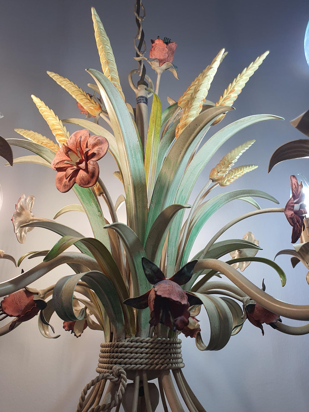 Italian poppy wheat tole chandelier — minor wear and patina consistent with age