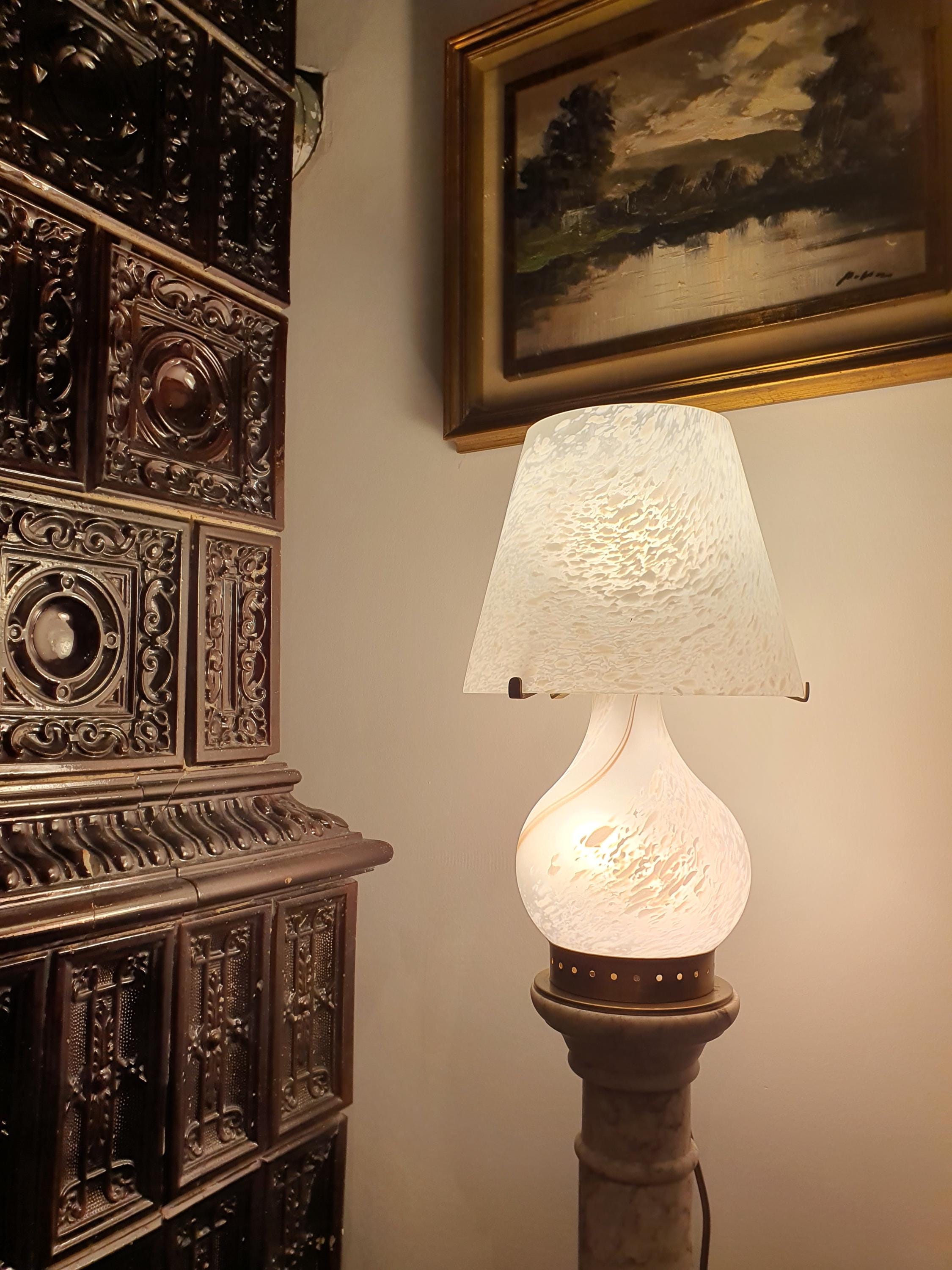Murano Glass Mushroom Desk Lamp: White Swirl Vintage Table Light