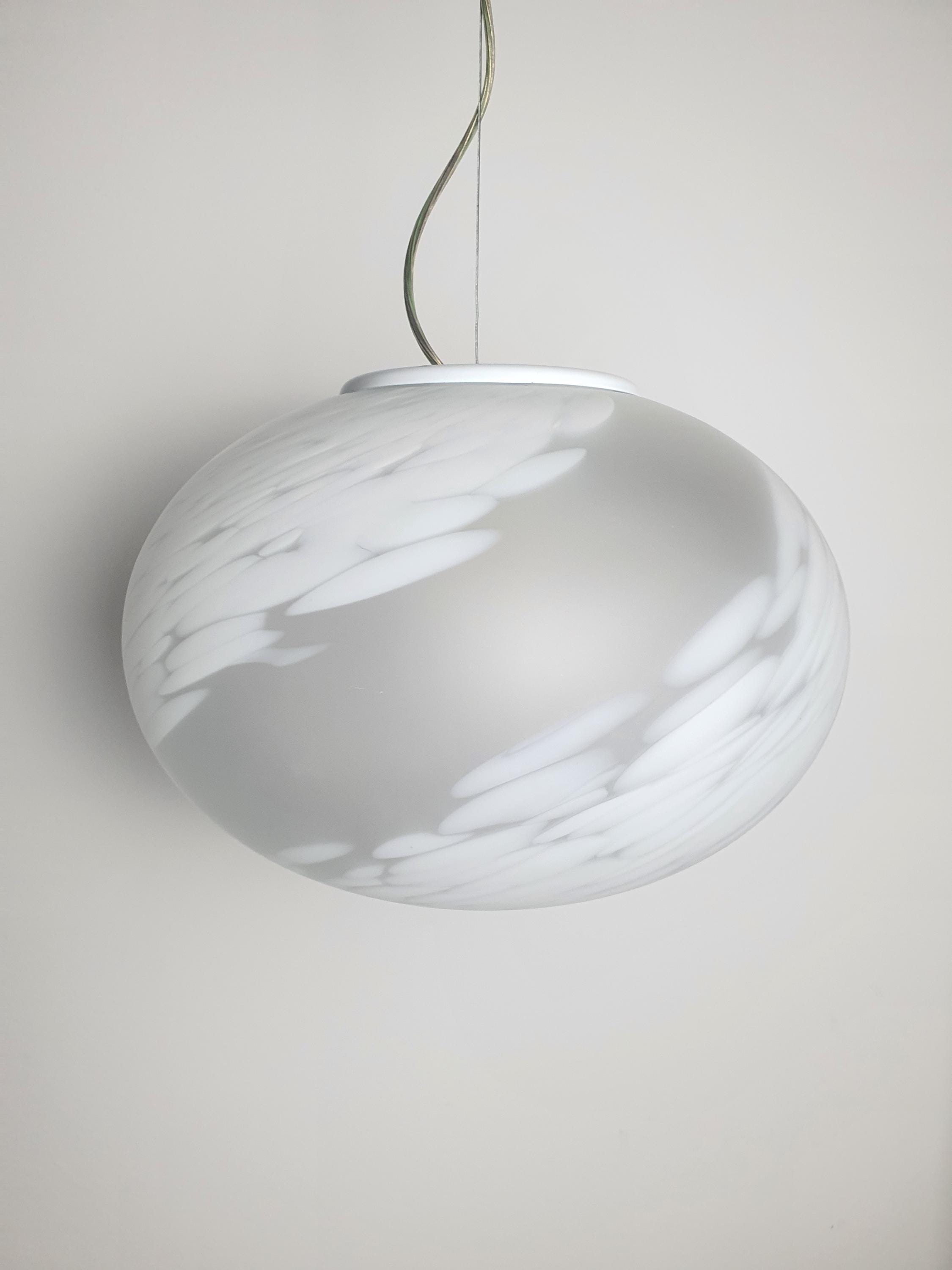 White Spotted Murano Glass Globe Pendant Light: Mid-Century Modern Italian Lighting