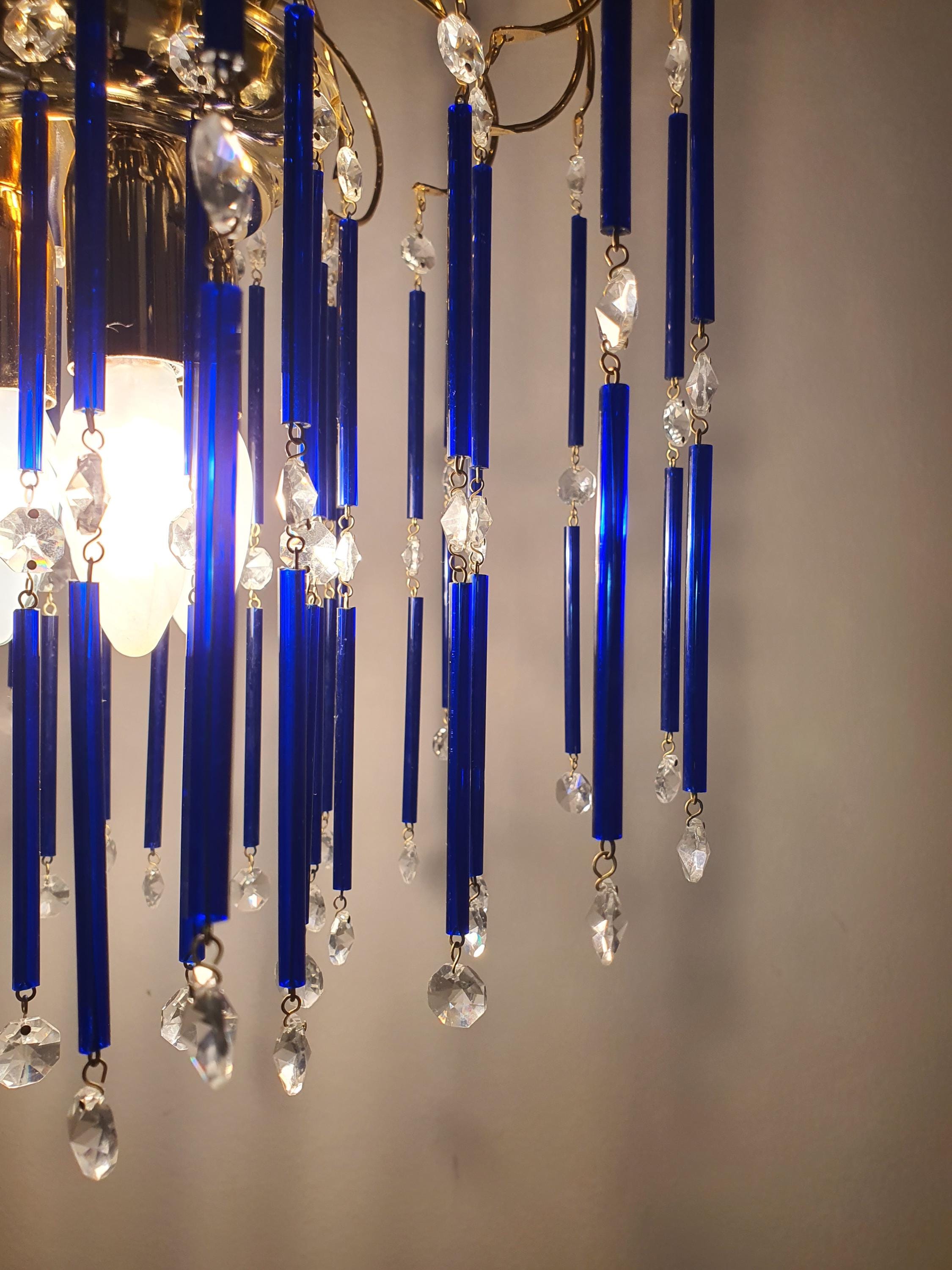 Vintage Cascade Chandelier: Navy Blue Glass Drops, Hollywood Regency Style