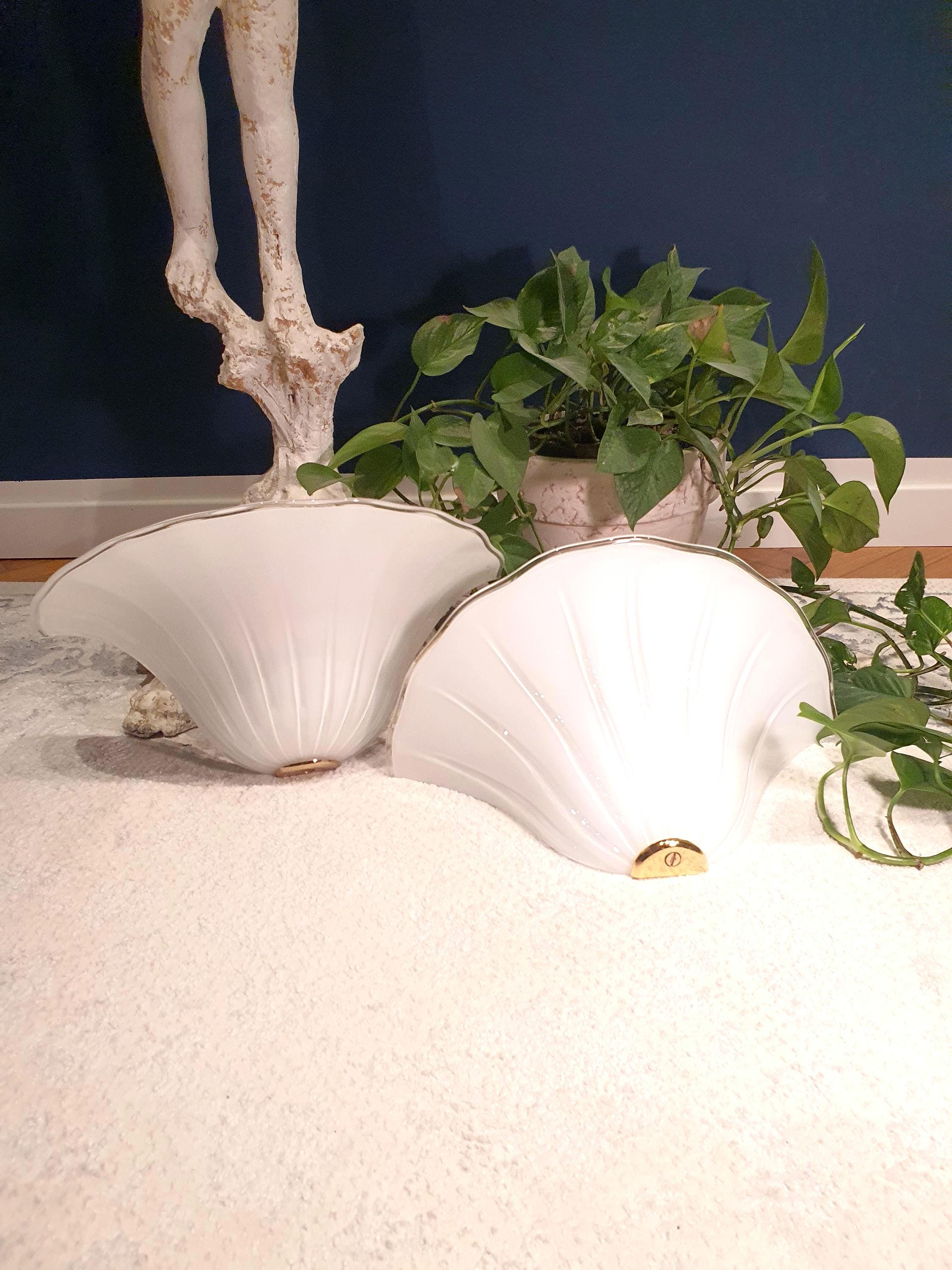 De Majo Vintage Murano Glass Wall Sconces: White Floral Shell Lights