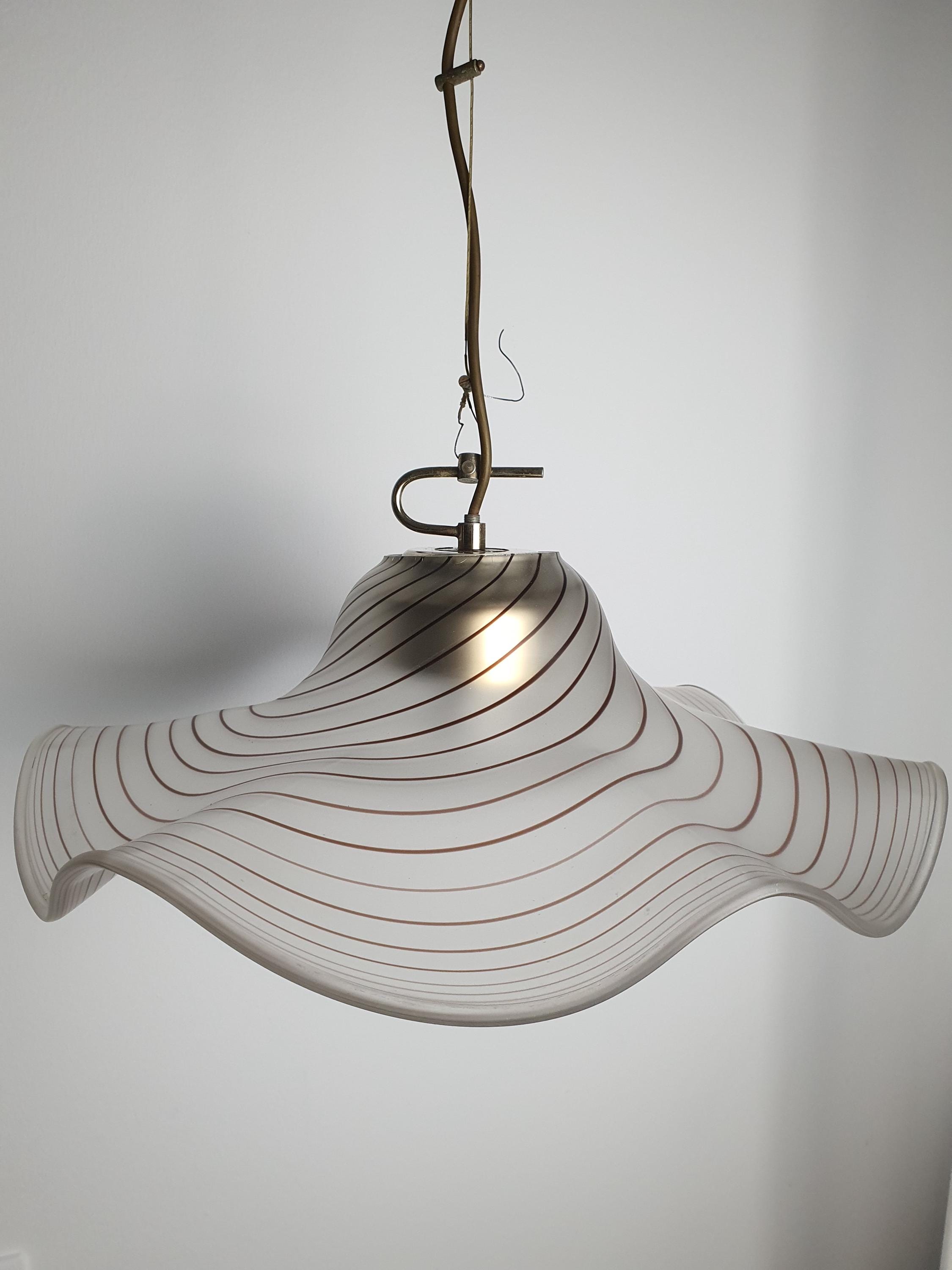 Vintage Murano glass organic pendant light, satin frosted with brown swirl pattern