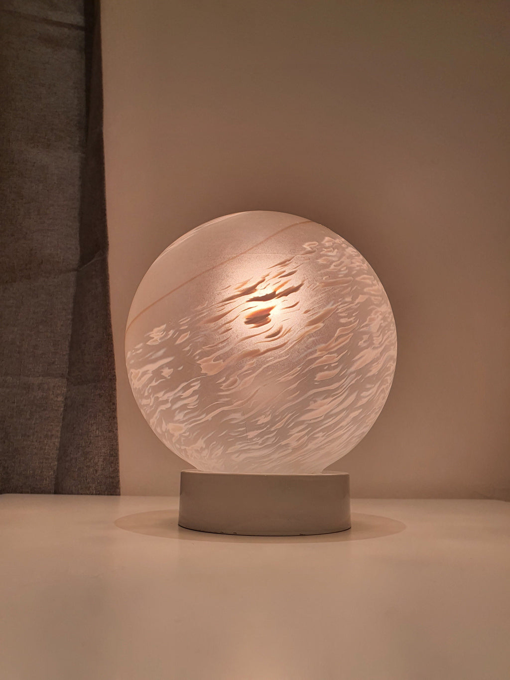 Vintage Murano Glass Table Lamp: White Swirl Globe, Mid-Century Modern Italian Bedside Light