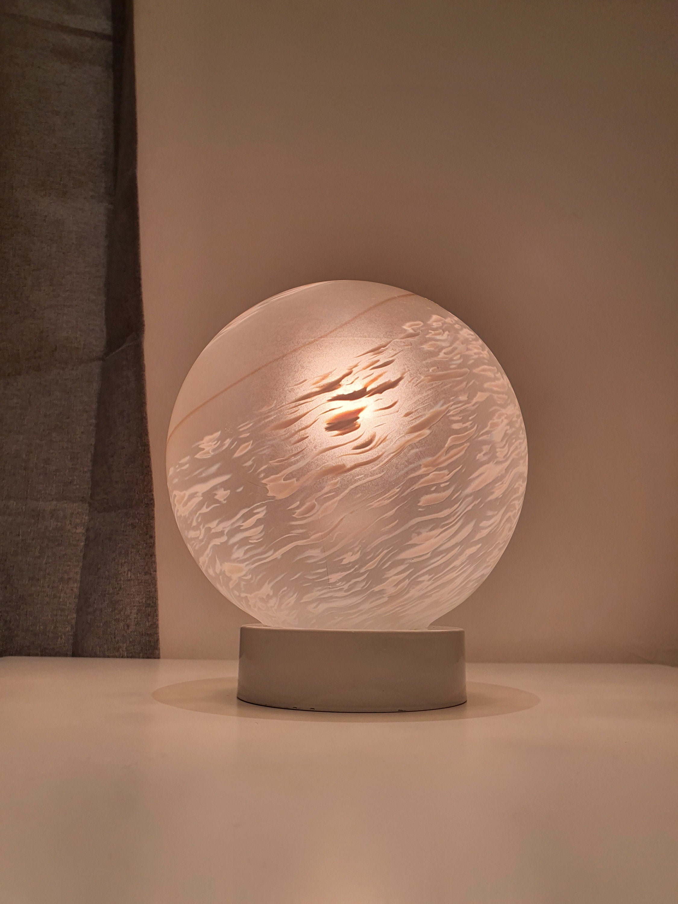 Vintage Murano Glass Table Lamp: White Swirl Globe, Mid-Century Modern Italian Bedside Light