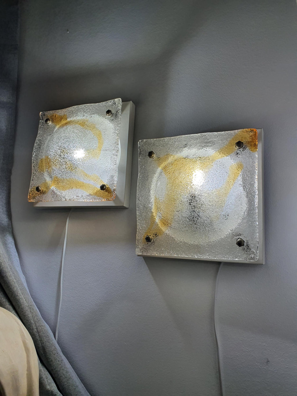 Pair of vintage Mazzega Murano amber iced square lights as ceiling fixtures, ghiacciato glass, white base, MCM interior
