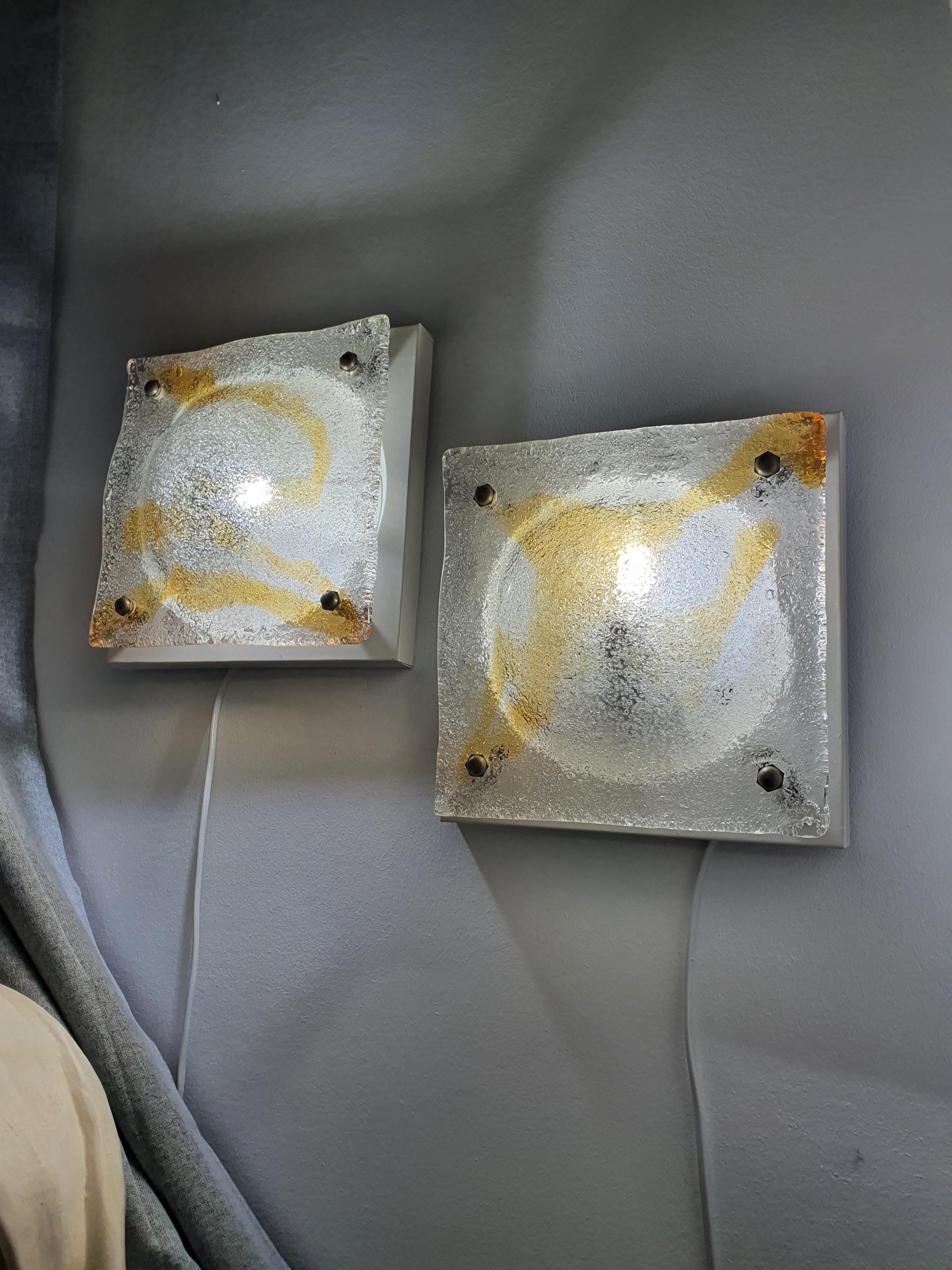 Pair of vintage Mazzega Murano amber iced square lights as ceiling fixtures, ghiacciato glass, white base, MCM interior