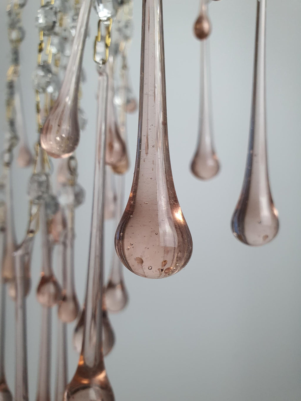 Vintage Murano Glass Chandelier | Double Pink Teardrops Hollywood Regency Cascade Light
