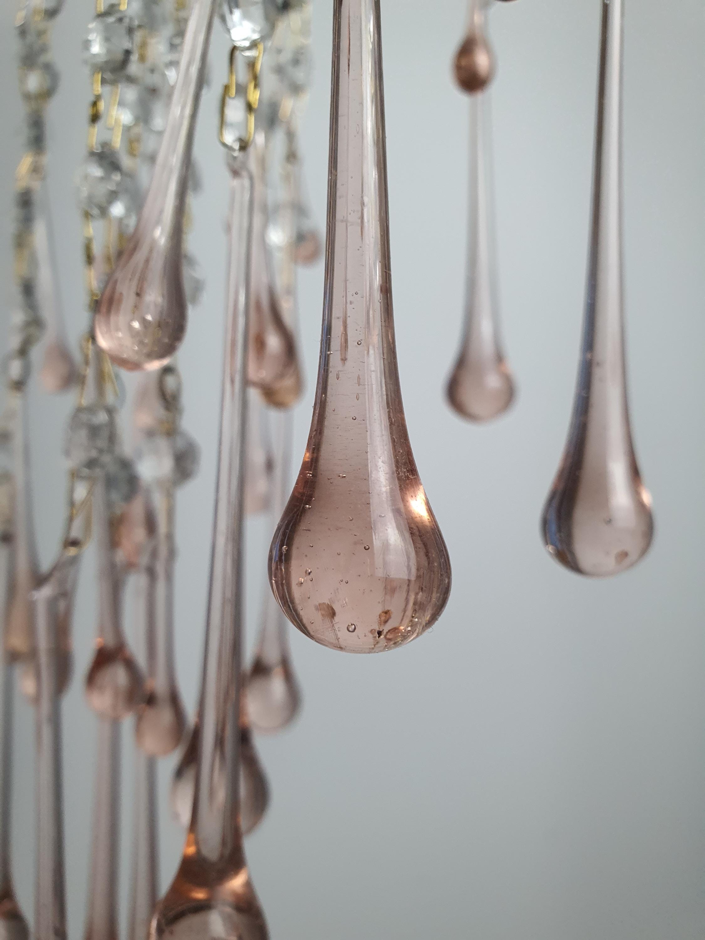 复古穆拉诺玻璃吊灯 | 双层粉色水滴 Hollywood Regency 级联灯