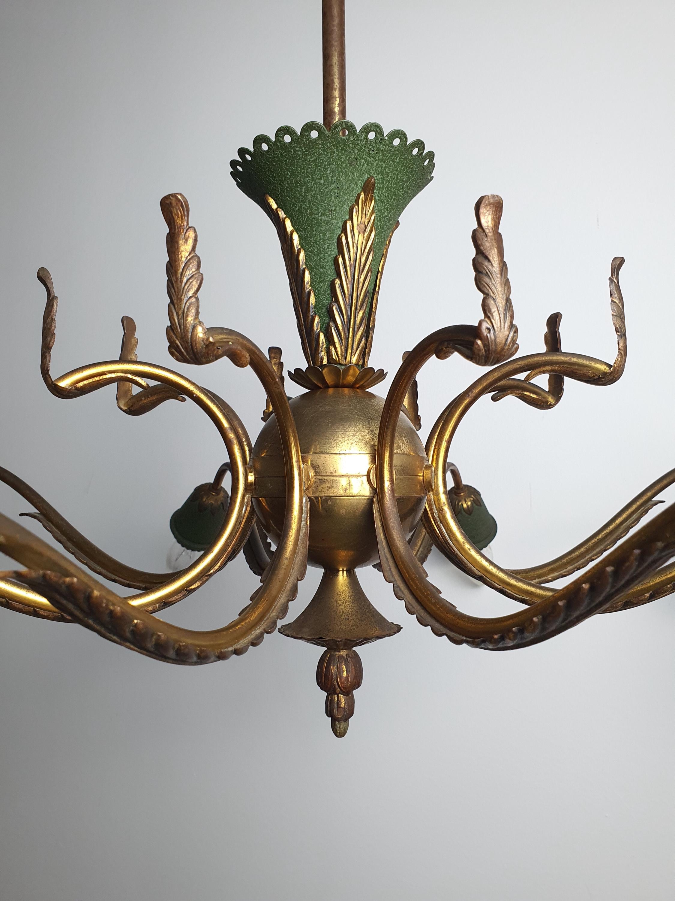 Vintage 1950s Italian 8-arm Sputnik chandelier side profile, showing 102cm full height, brass bronze green starburst arms