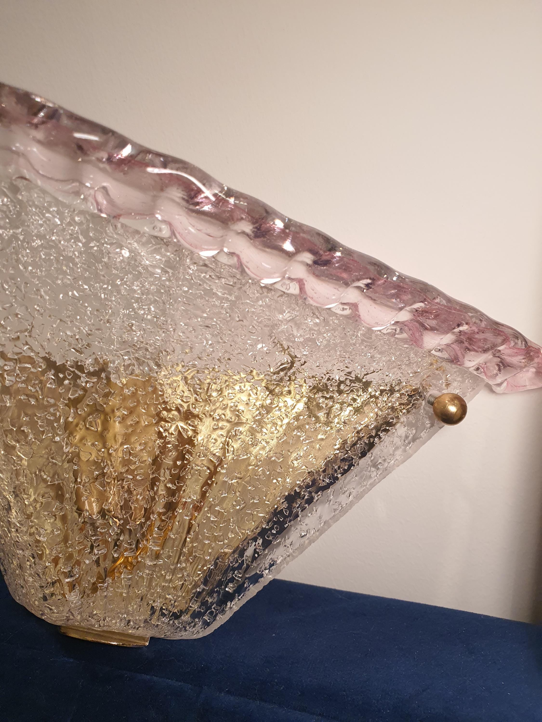 Vintage Murano Glass Sconces: Pink Transparent Triangle Art Deco Wall Lamps