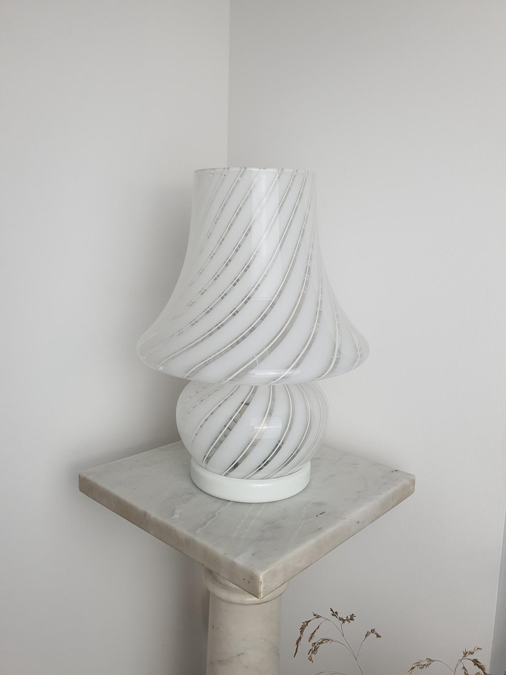 Vintage Murano Glass Mushroom Lamp: White Swirl, 1970s Italian Lighting