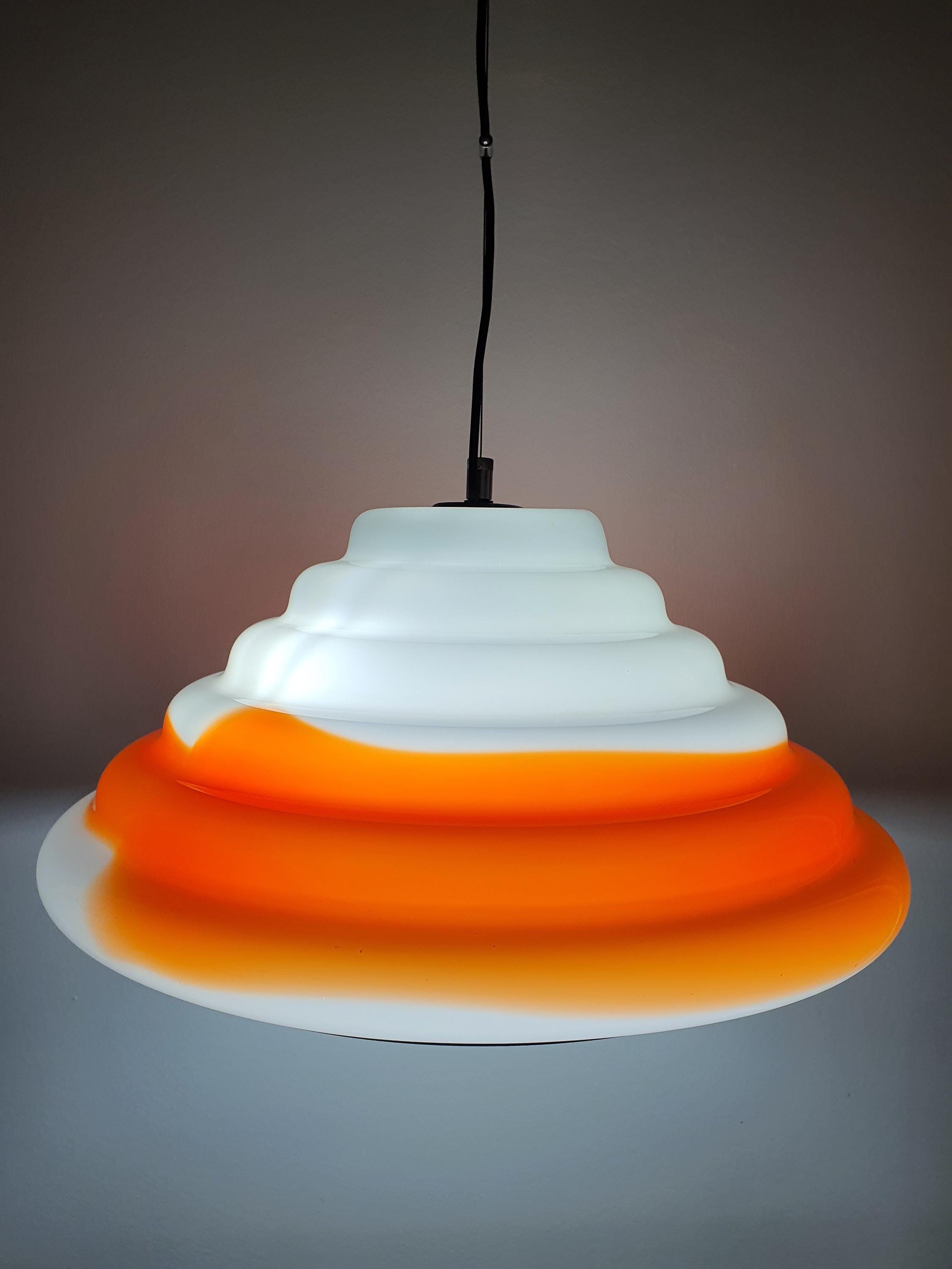 Vintage Murano Glass Space Age Pendant Light | Orange, White & Chrome | 1970s Italian Retro