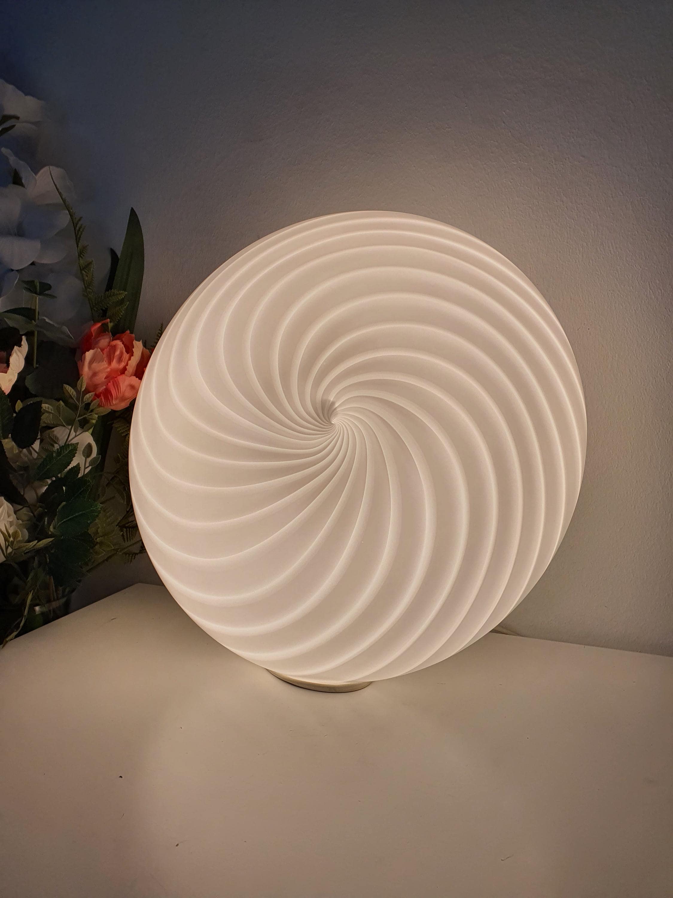 Vintage Murano glass white swirl candy flush mount light on chrome base