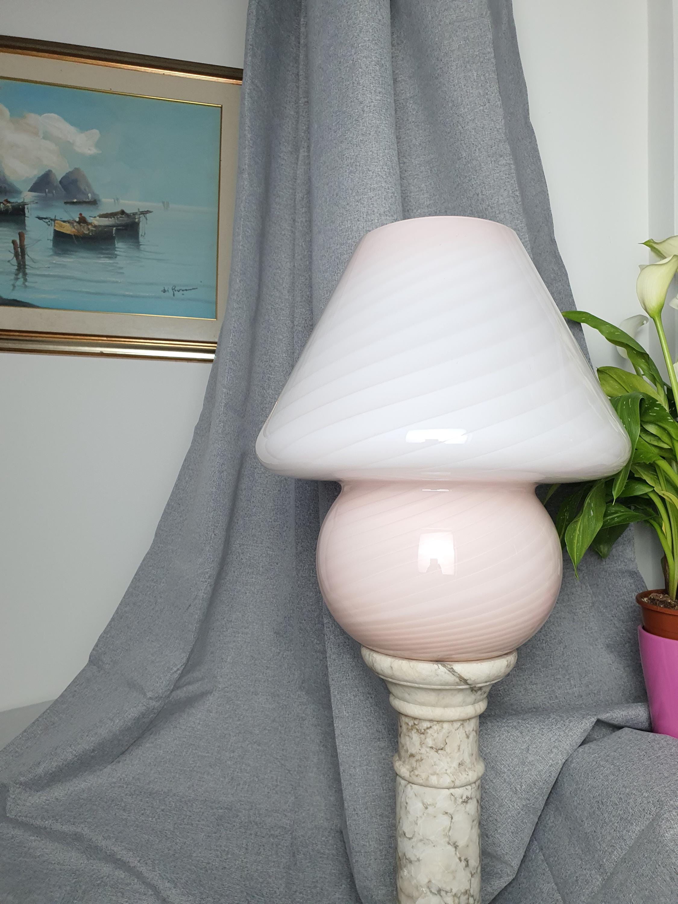 Large Murano Glass Mushroom Lamp Pink Swirl Vintage Bedside Light