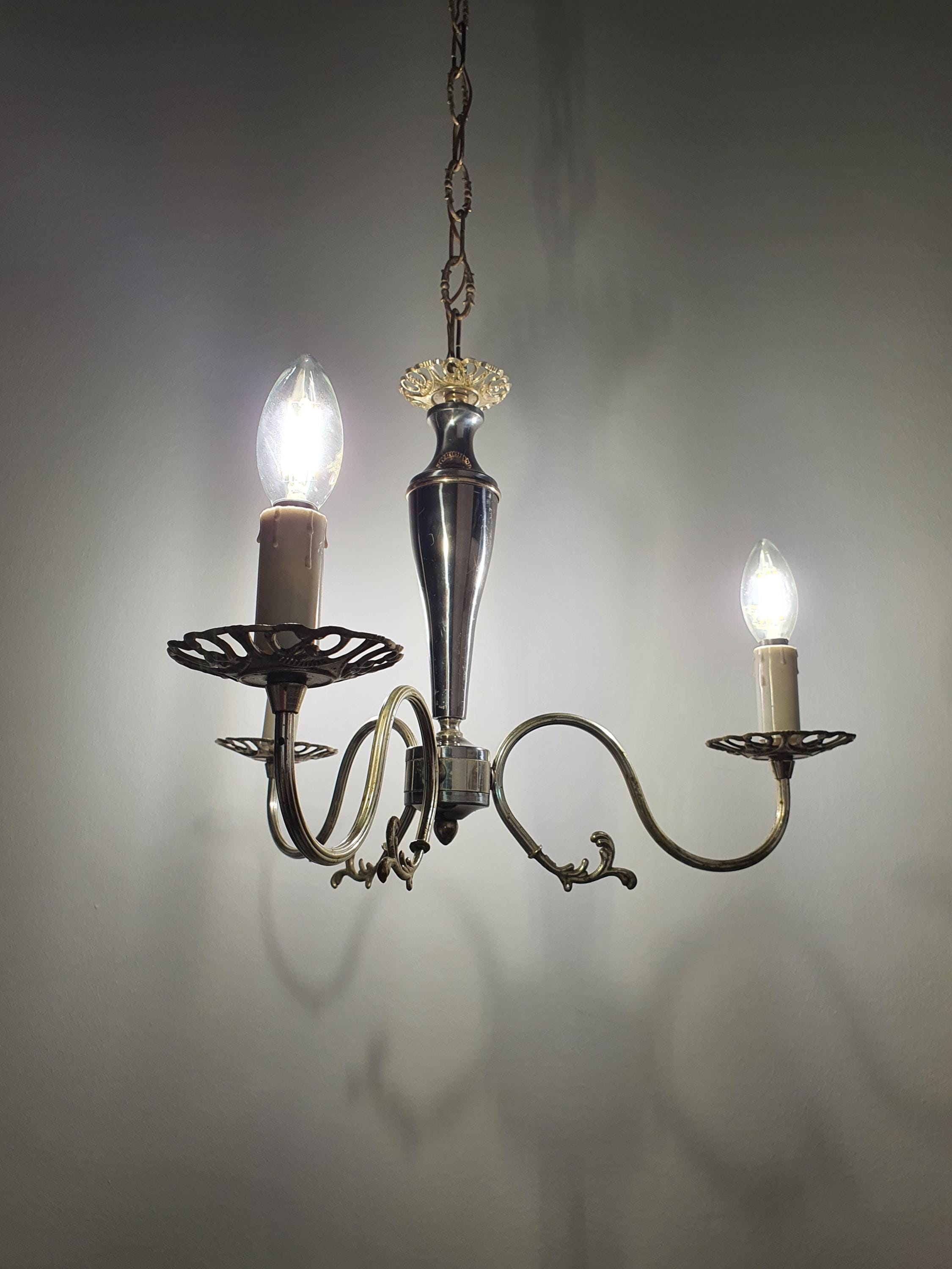 Underside view of vintage Italian 3-arm candle chandelier, three E14 sockets, silver-tone metal