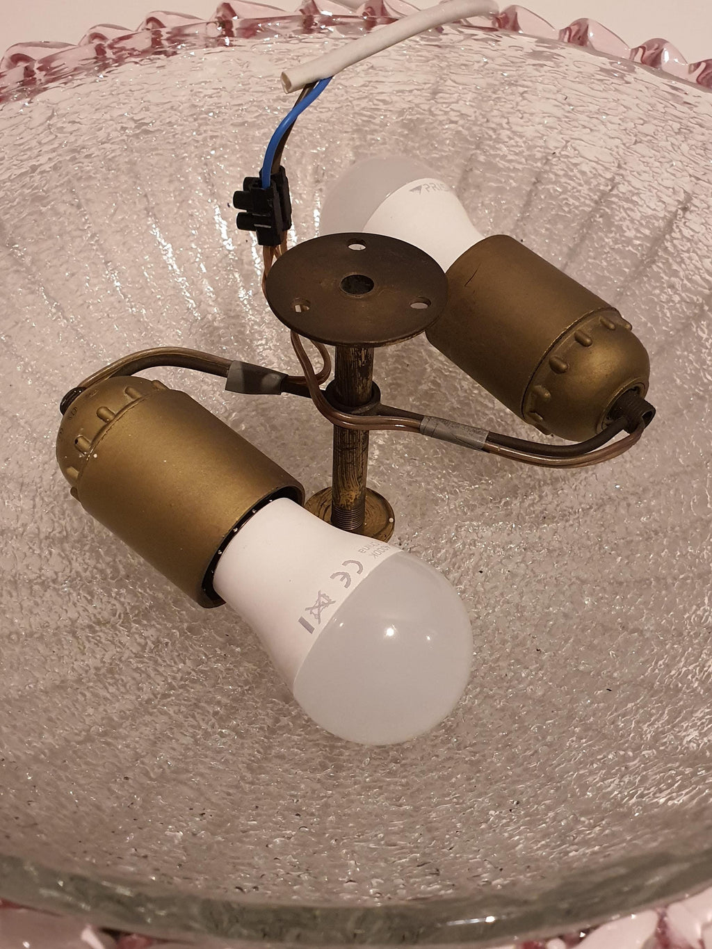 Vintage Floral Murano Glass Flush Mount – Frosted Sand Finish with Pink Edge