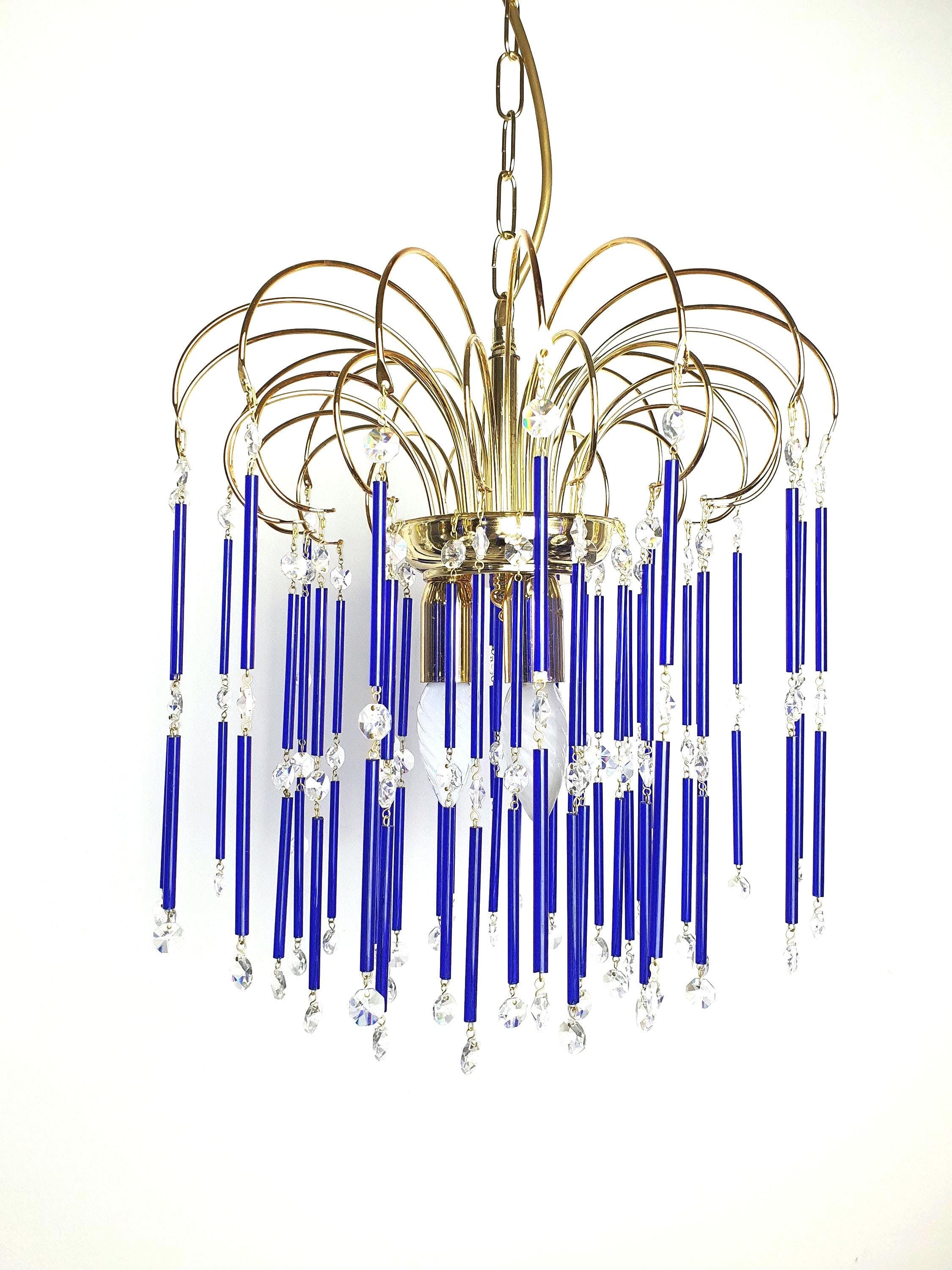 Vintage Cascade Chandelier: Navy Blue Glass Drops, Hollywood Regency Style