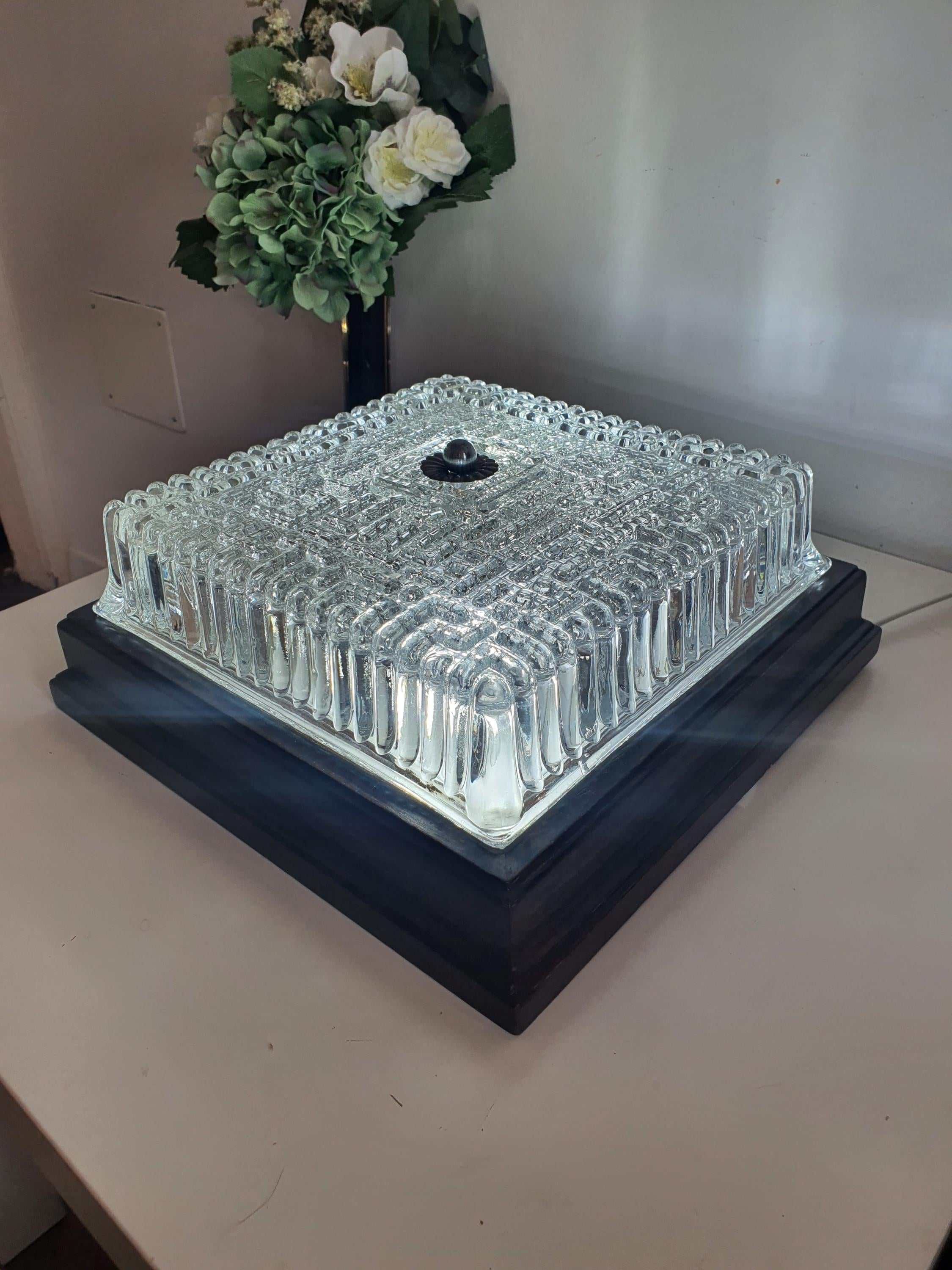 Vintage Italian square Brutalist light as ceiling fixture, stamped ribbed clear glass, wood frame, MCM living room

