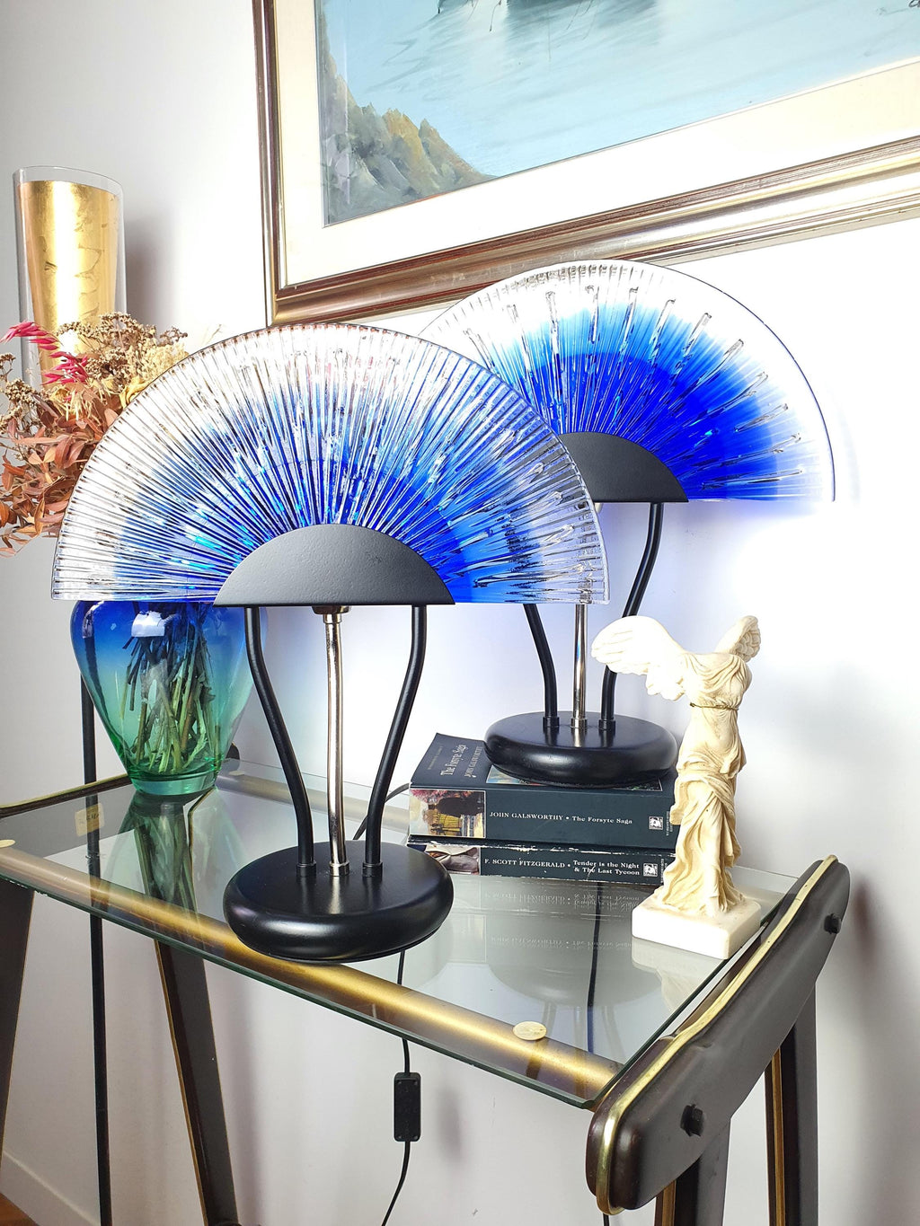 Pair of Murano fan screen lamps — both lamps shown together, bedroom setting