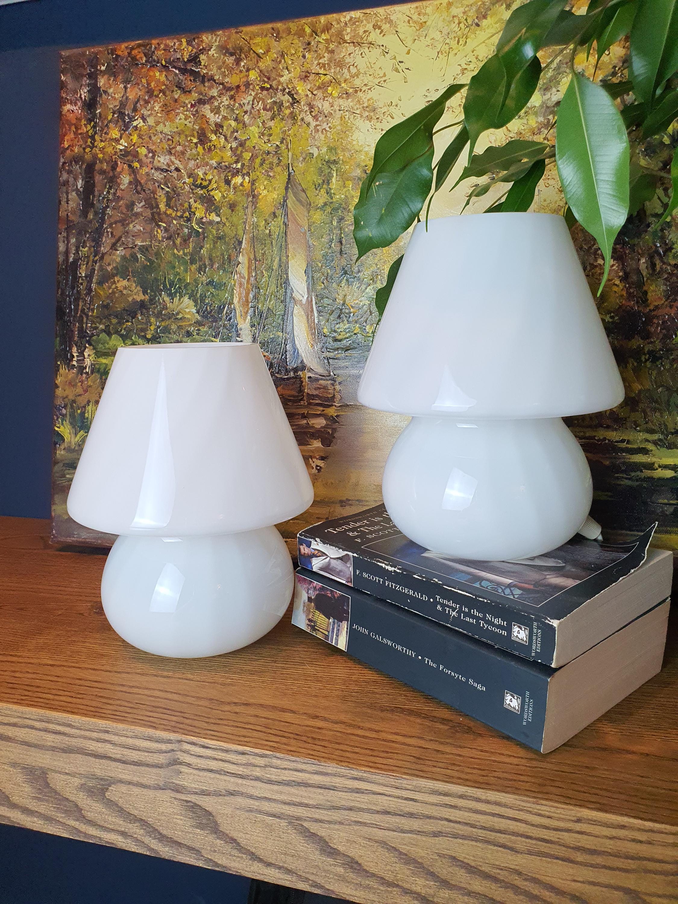 Vintage Murano Glass Mushroom Lamps: White Swirl Bedside Lighting