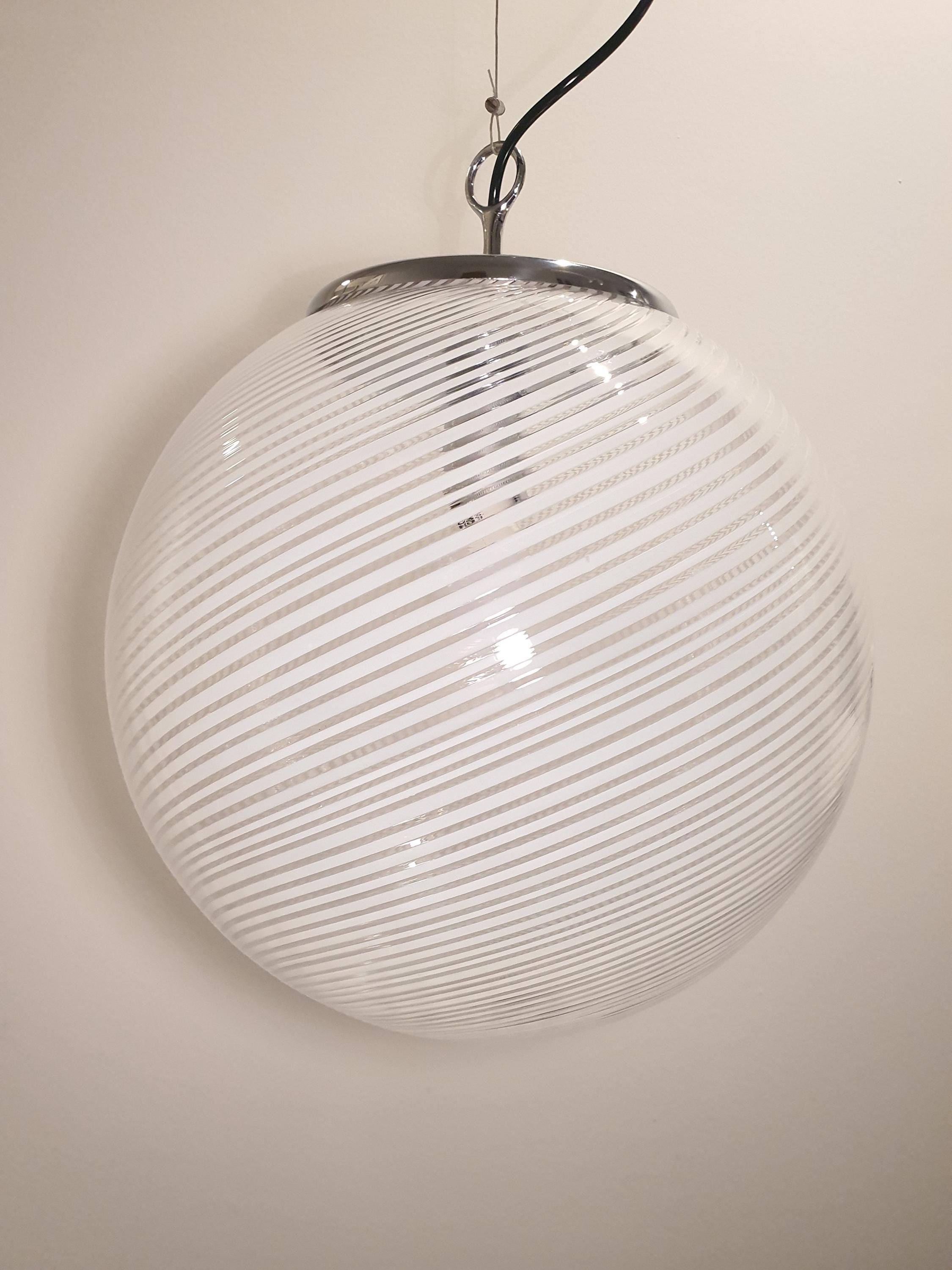 Vintage Murano Glass Pendant Light: Filigree Swirl Globe Lamp