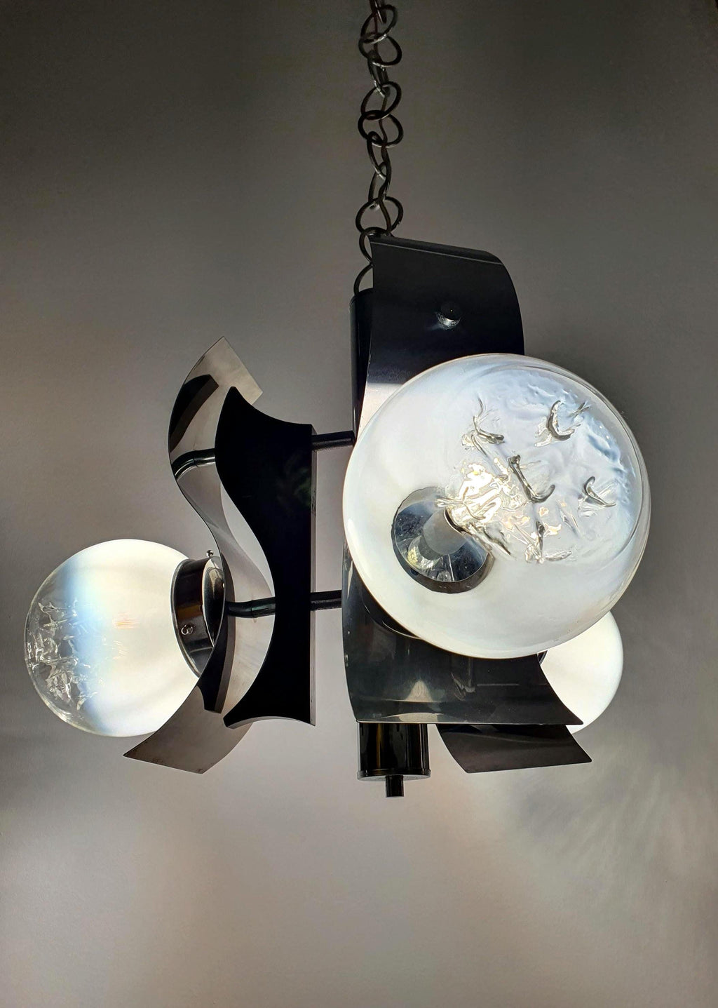 Vintage Murano glass 3-globe chandelier, Mazzega style, white-to-clear gradient globes, chrome and wood base, Italy 1970s