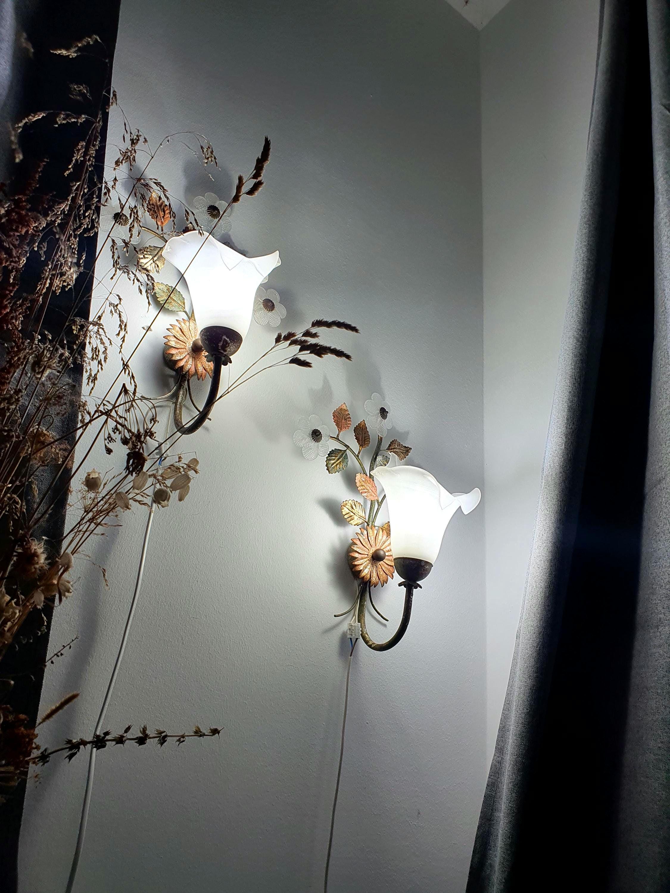 Pair of vintage Italian toleware Murano glass floral sconces, calla lily glass shades, gold green bronze metalwork, 3 flowers per sconce