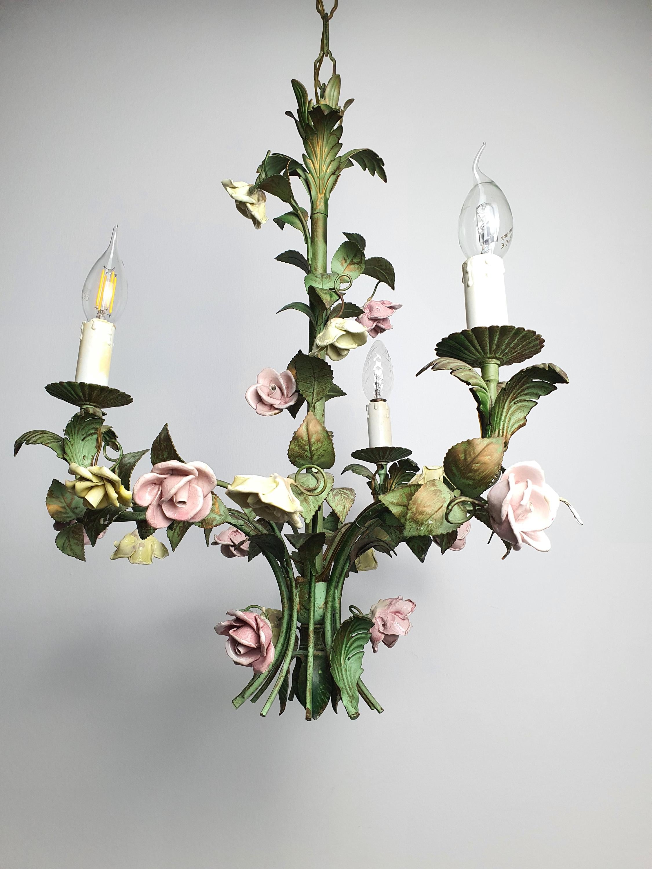 1950s Vintage Italian Green 3-Arm Chandelier with Porcelain Roses | Painted Brass Floral Lighting
