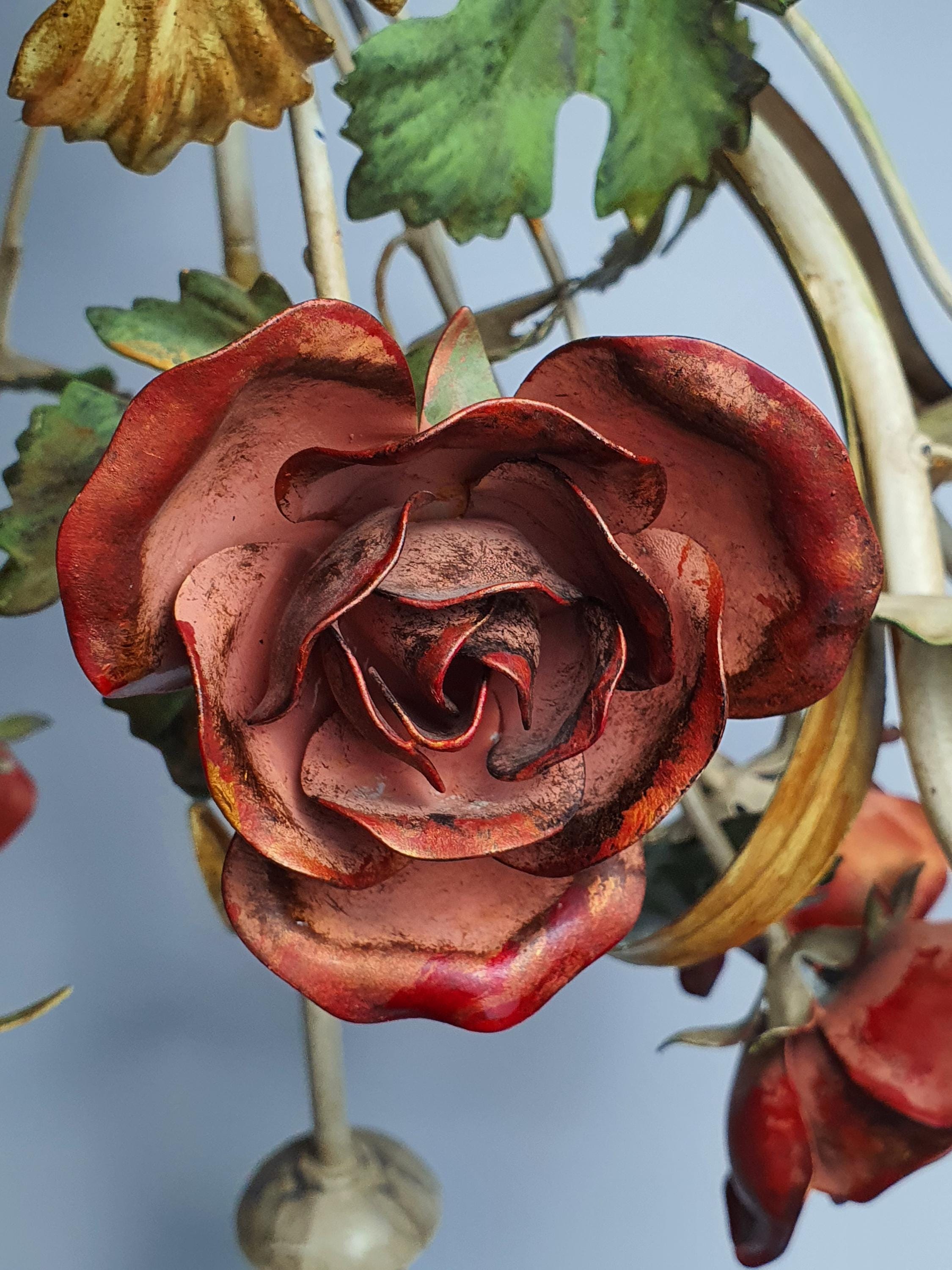 Italian tole chandelier — abundant red rose bouquet and green foliage detail