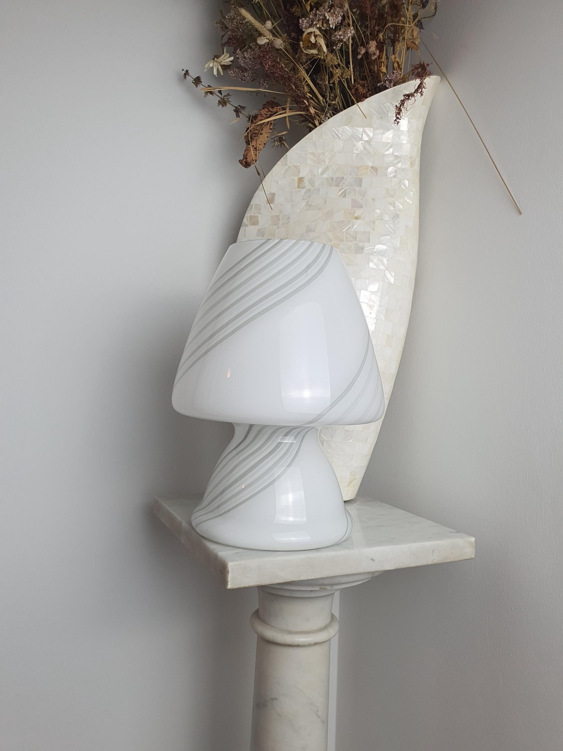 Murano Glass Mushroom Lamp: White & Grey Swirl, MCM Bedside Light