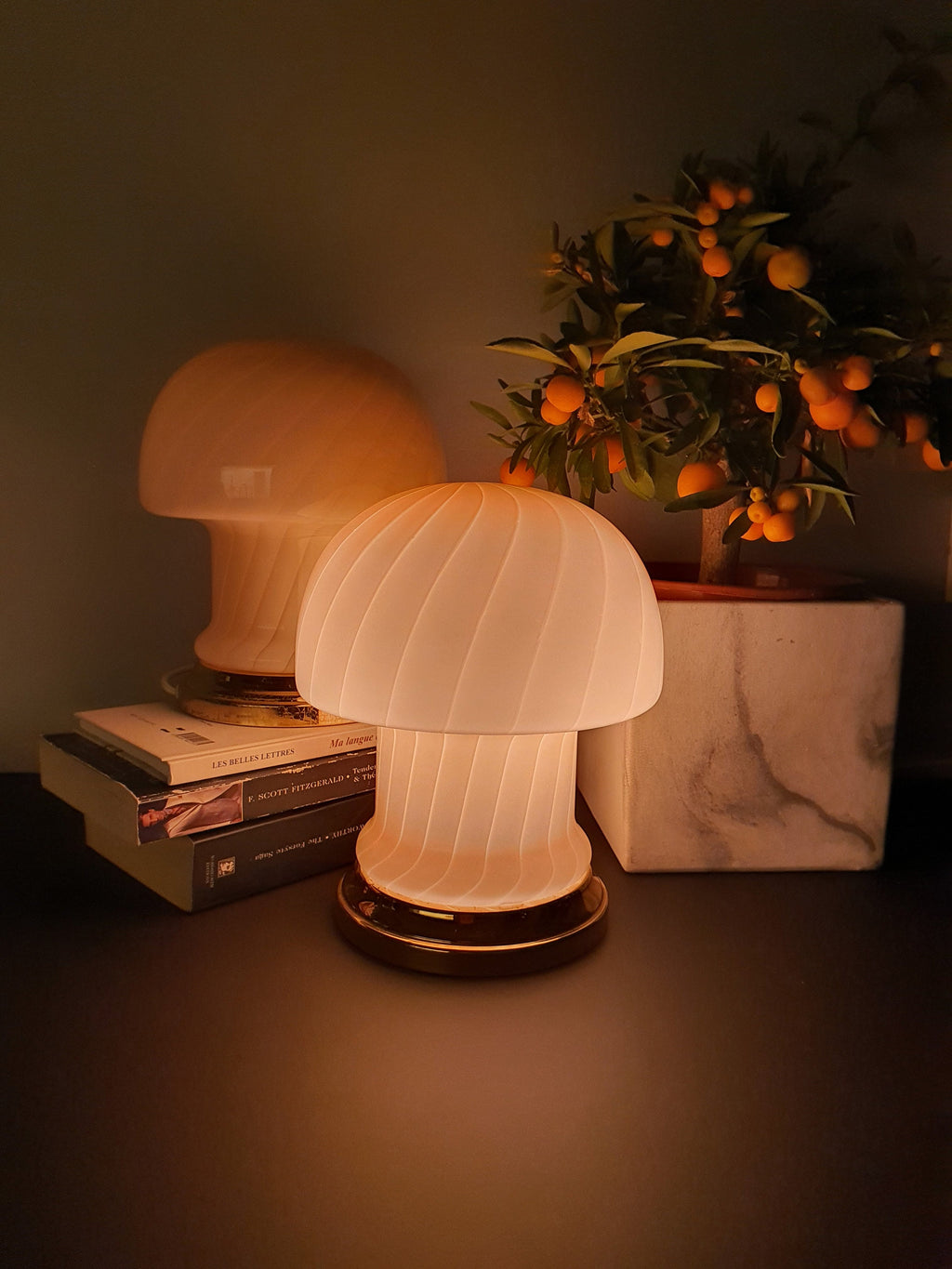 Vintage Murano Glass Mushroom Lamps: Peach Pink Atomic Table Lamps, 1970s MCM