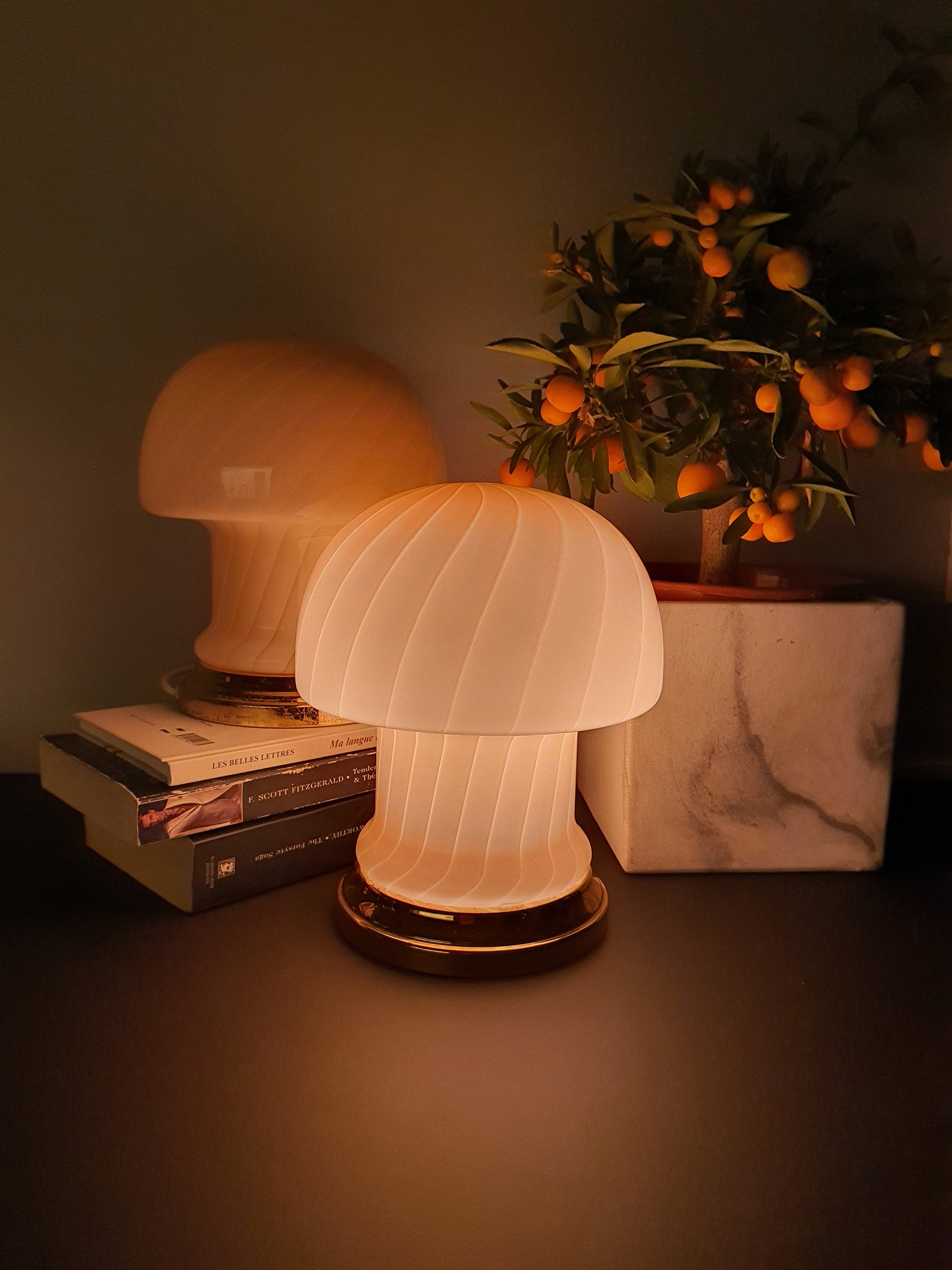Vintage Murano Glass Mushroom Lamps: Peach Pink Atomic Table Lamps, 1970s MCM