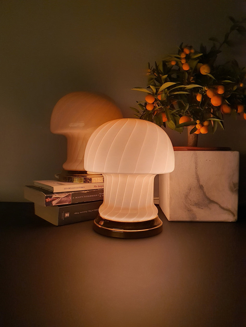 Vintage Murano Glass Mushroom Lamps: Peach Pink Atomic Table Lamps, 1970s MCM