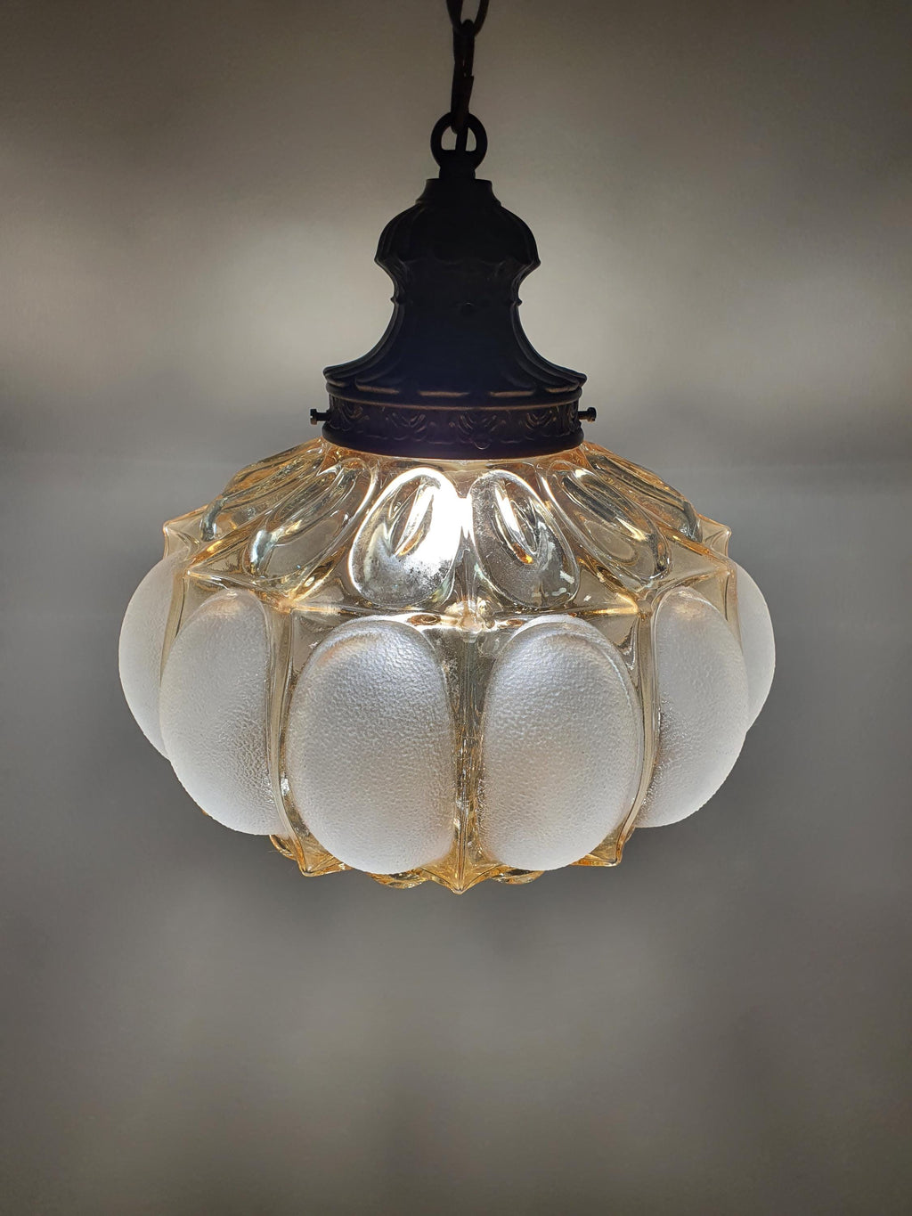 Art Deco Pendant Light – Stamped Beige Glass with Pearl Finish & Bronze Fixture