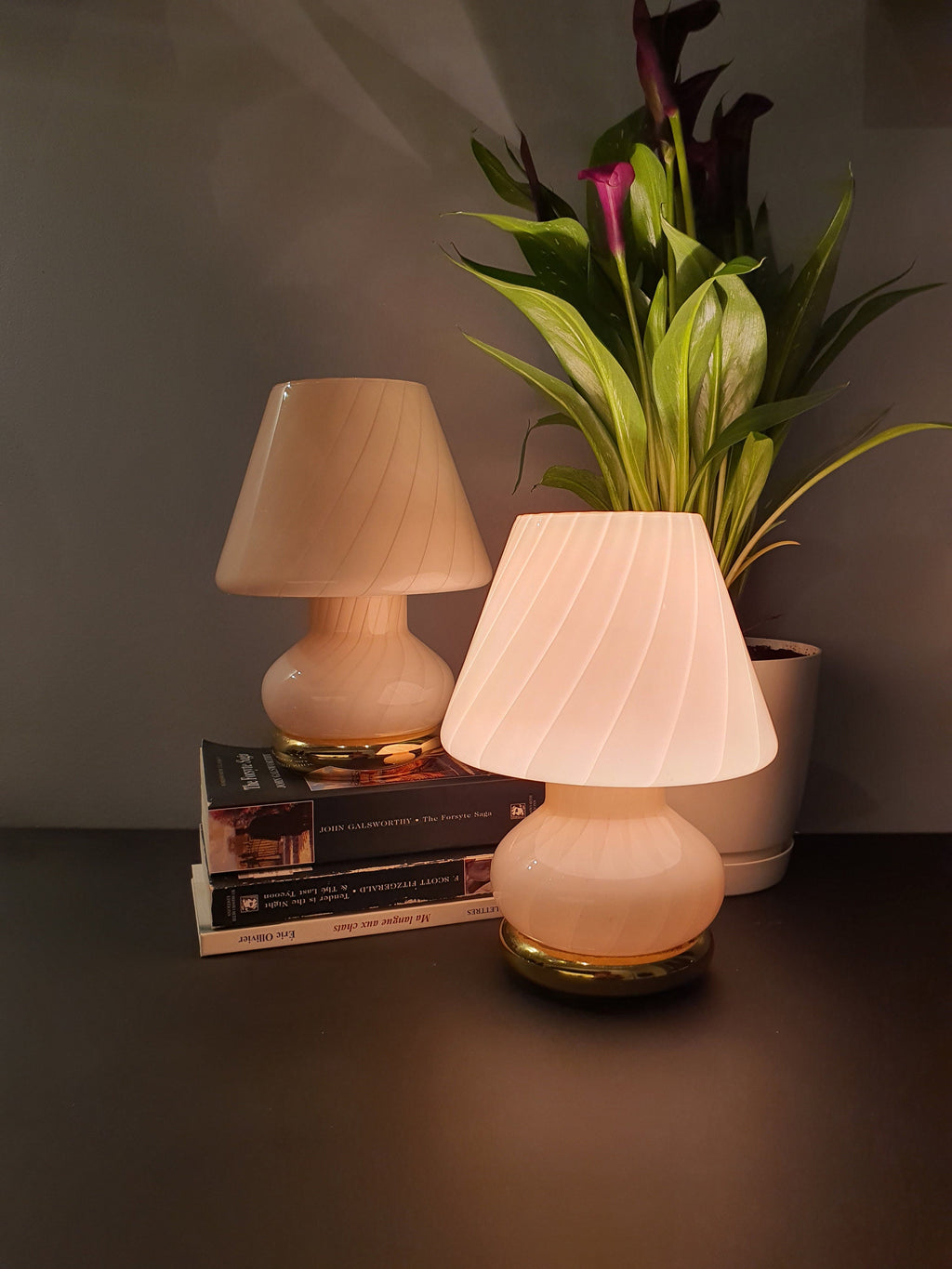 Pair of Peach Swirl Murano Glass Mushroom Lamps - 1970s MCM Italian Design