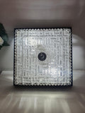 Vintage Italian square Brutalist light, thick stamped ribbed clear glass, natural wood frame, wall or ceiling, 1960s–1970s